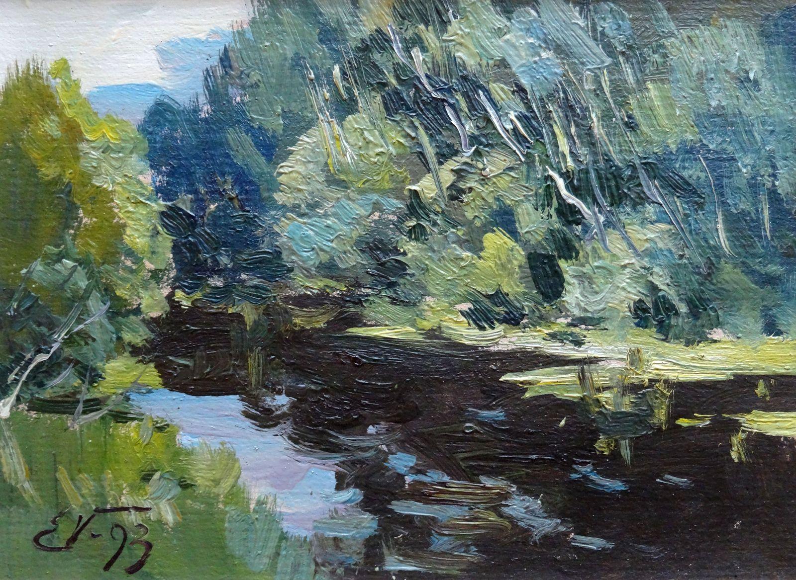 River im Frühjahr. 1993. Kartenkarton, Öl, 23x32 cm