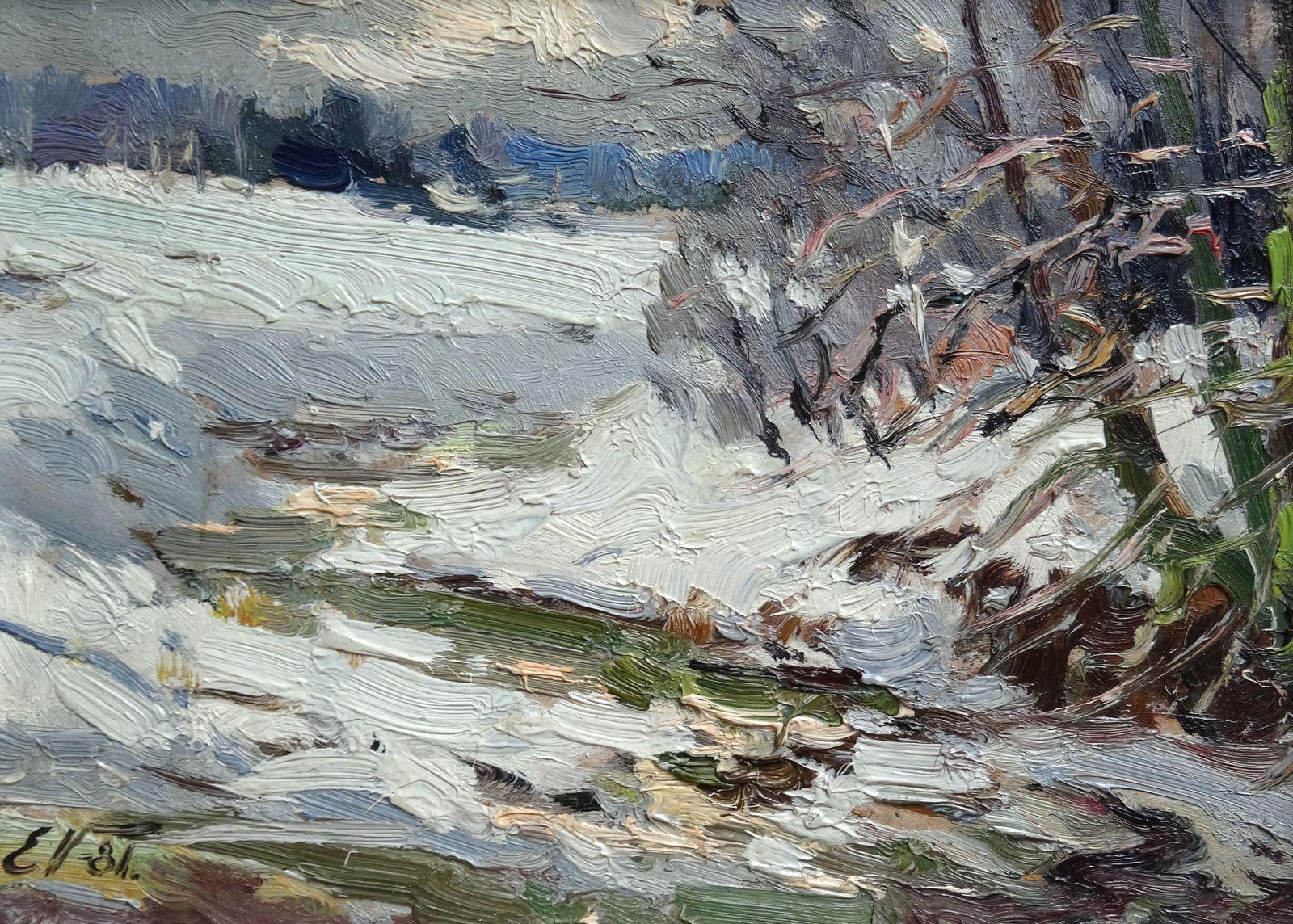 River in winter. 1981, cardboard, oil, 22x31 cm