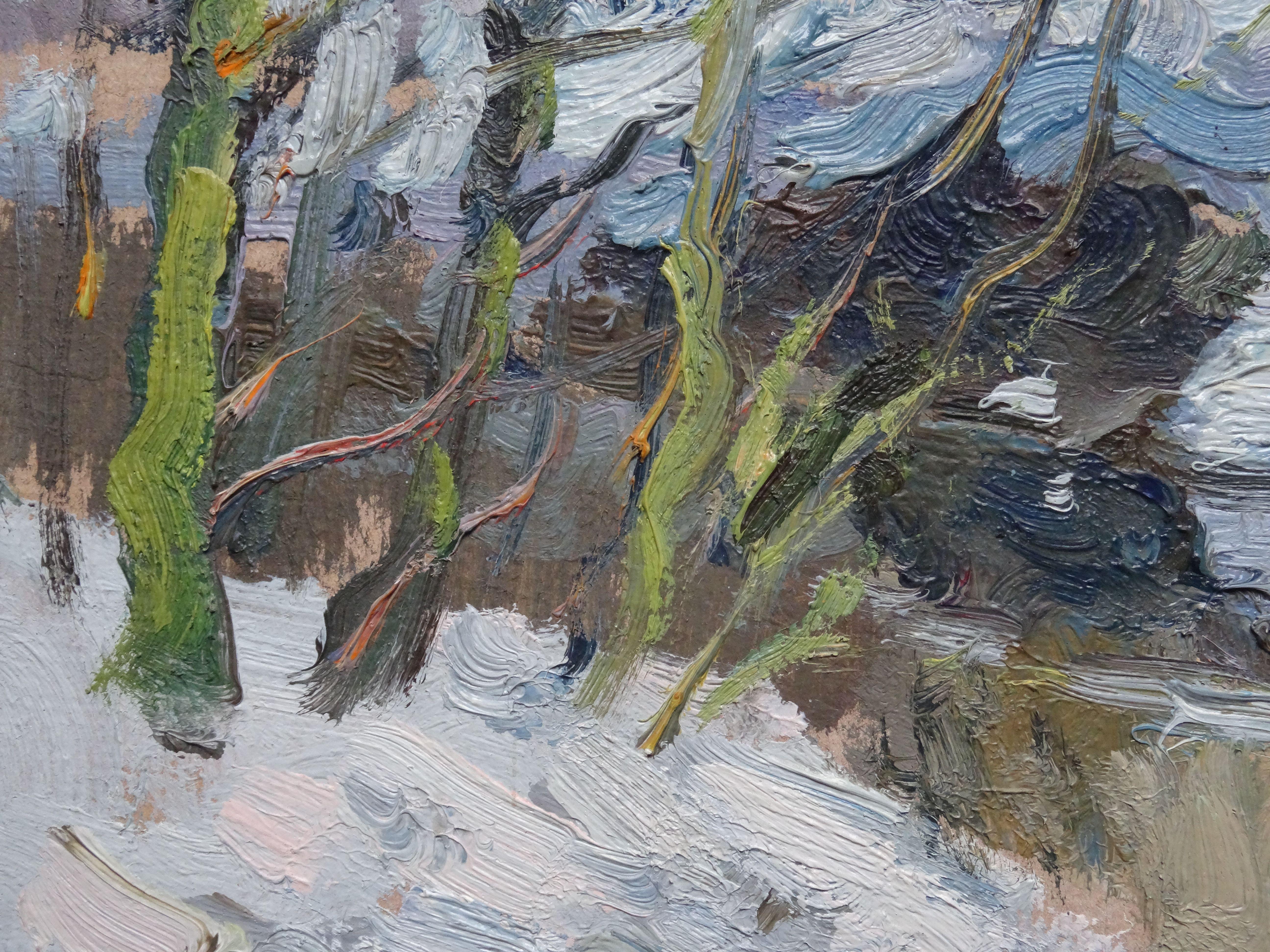 River in Winter. 1987, Öl auf Karton, 40x50 cm – Painting von Edgars Vinters