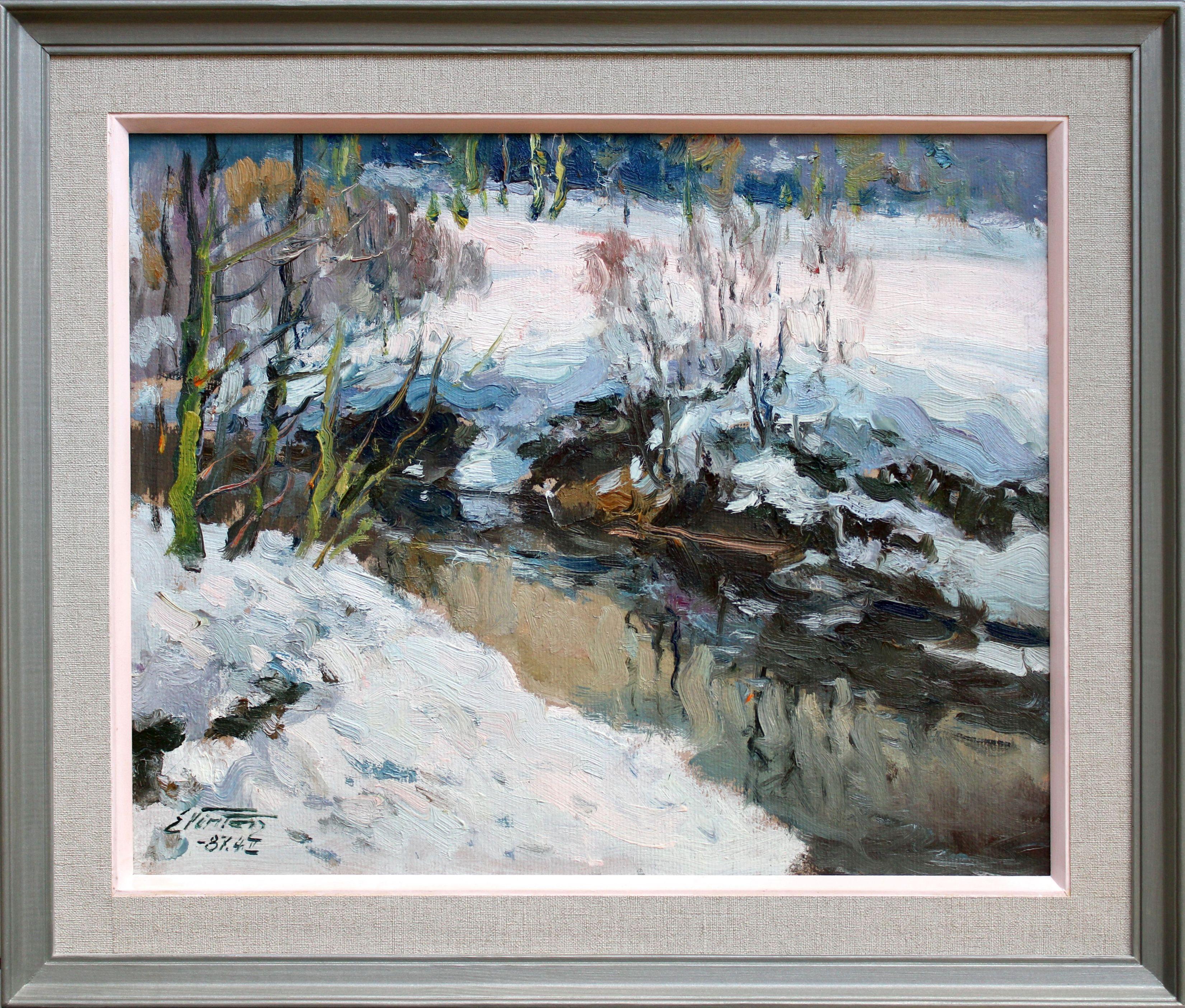 River in Winter. 1987, Öl auf Karton, 40x50 cm im Angebot 1