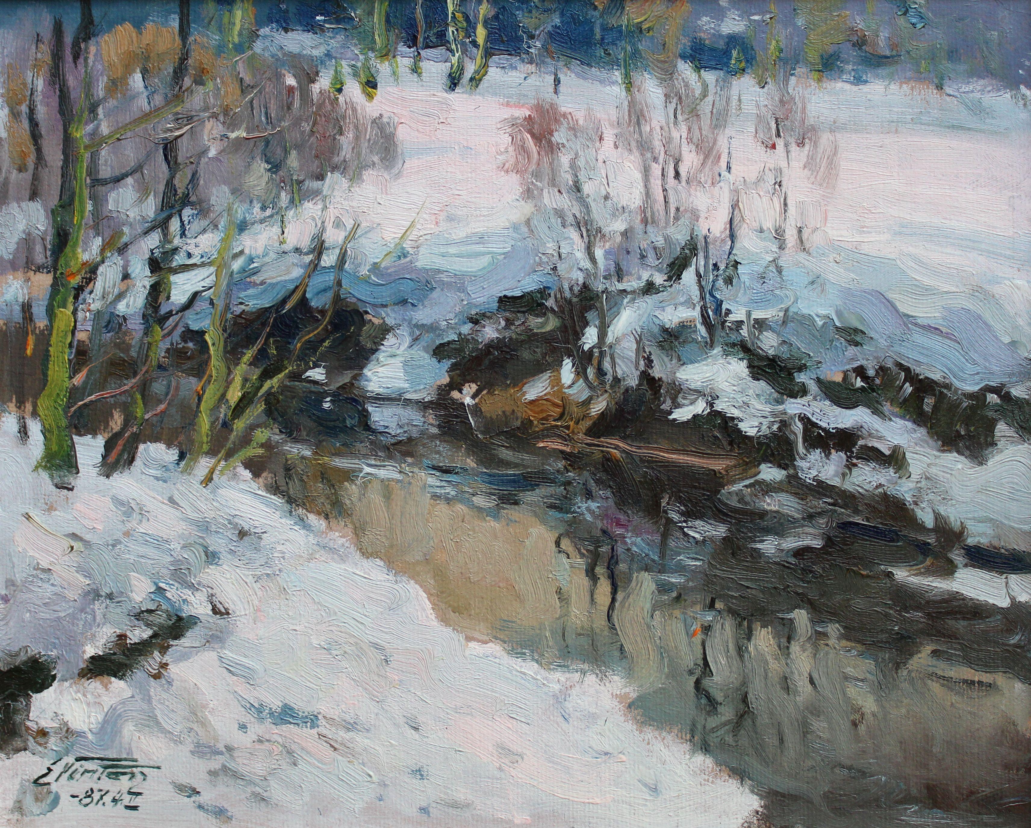River in Winter. 1987, Öl auf Karton, 40x50 cm im Angebot 2