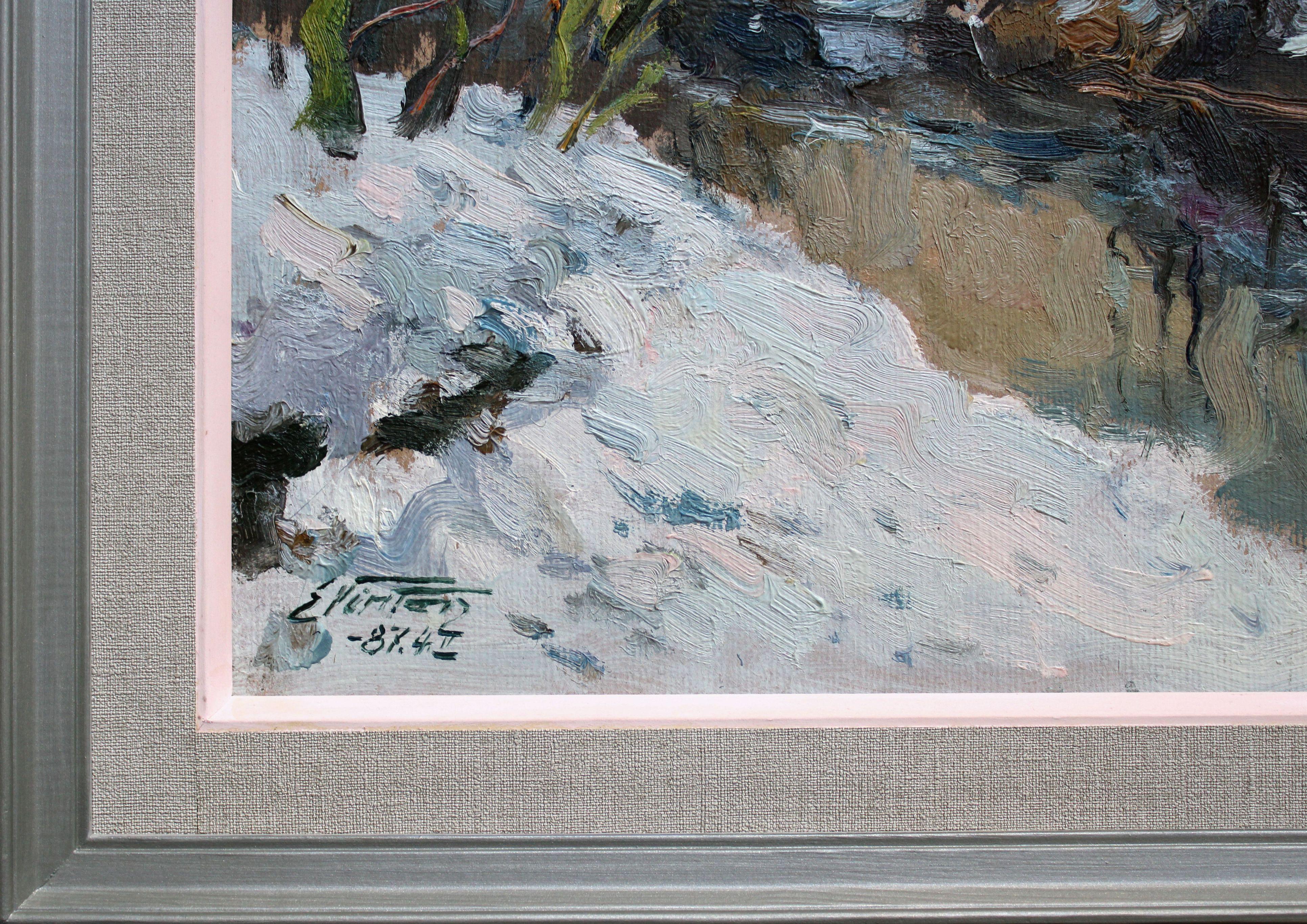 River in Winter. 1987, Öl auf Karton, 40x50 cm im Angebot 3