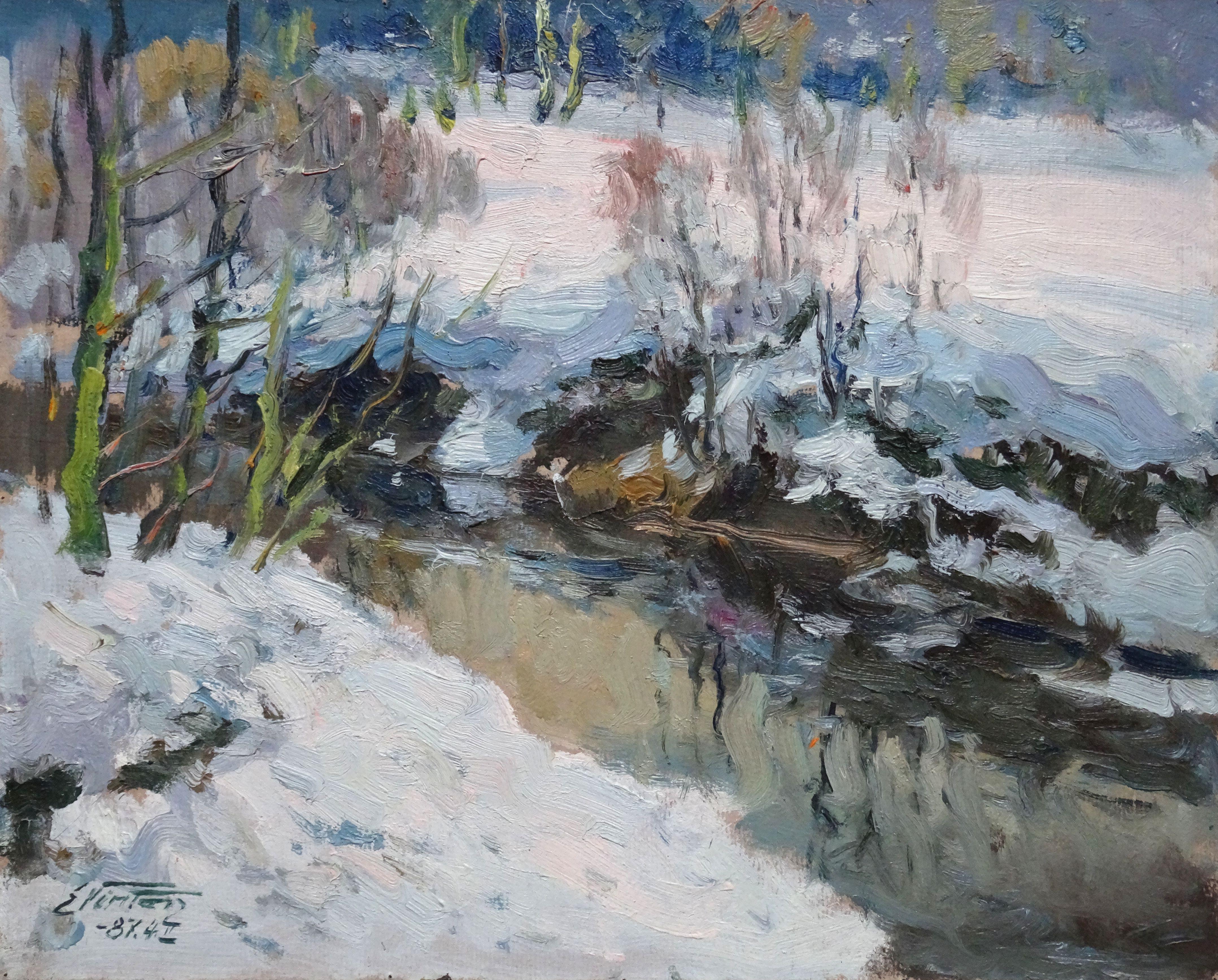 Edgars Vinters Landscape Painting - River in winter. 1987, oil on board, 40x50 cm