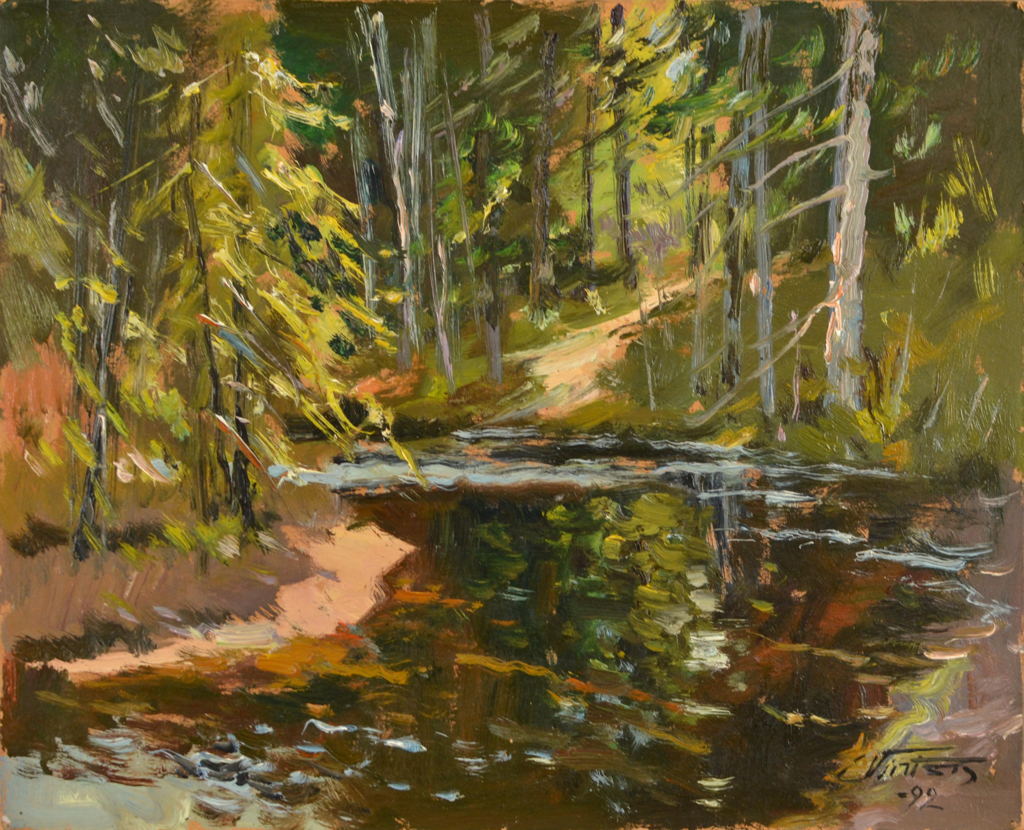 Edgars Vinters Landscape Painting – Flussblick. 1992. Pappe/Öl. 40x49 cm