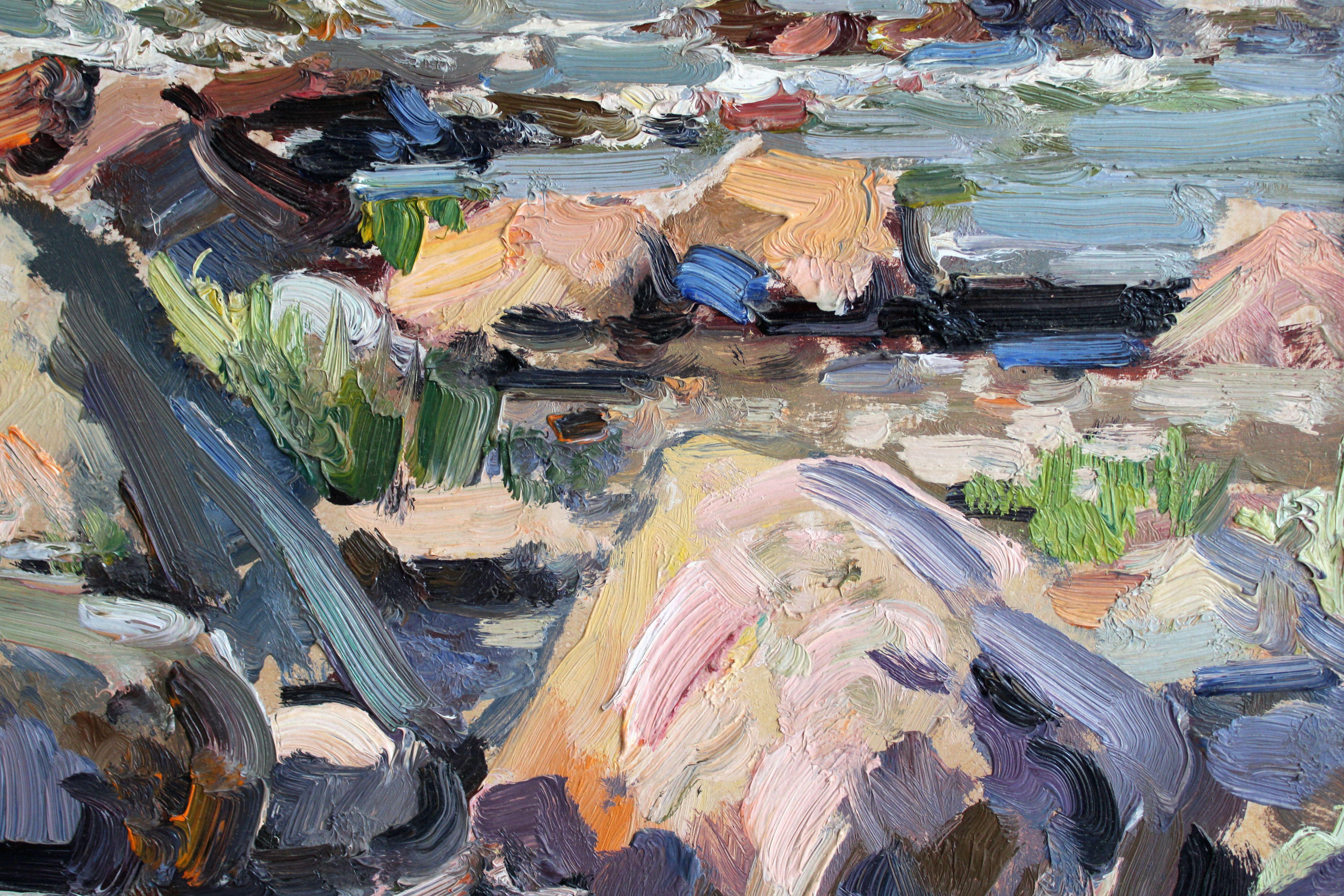 Rocky seashore. 1980, cardboard, oil, 48x66 cm - Impressionist Painting by Edgars Vinters
