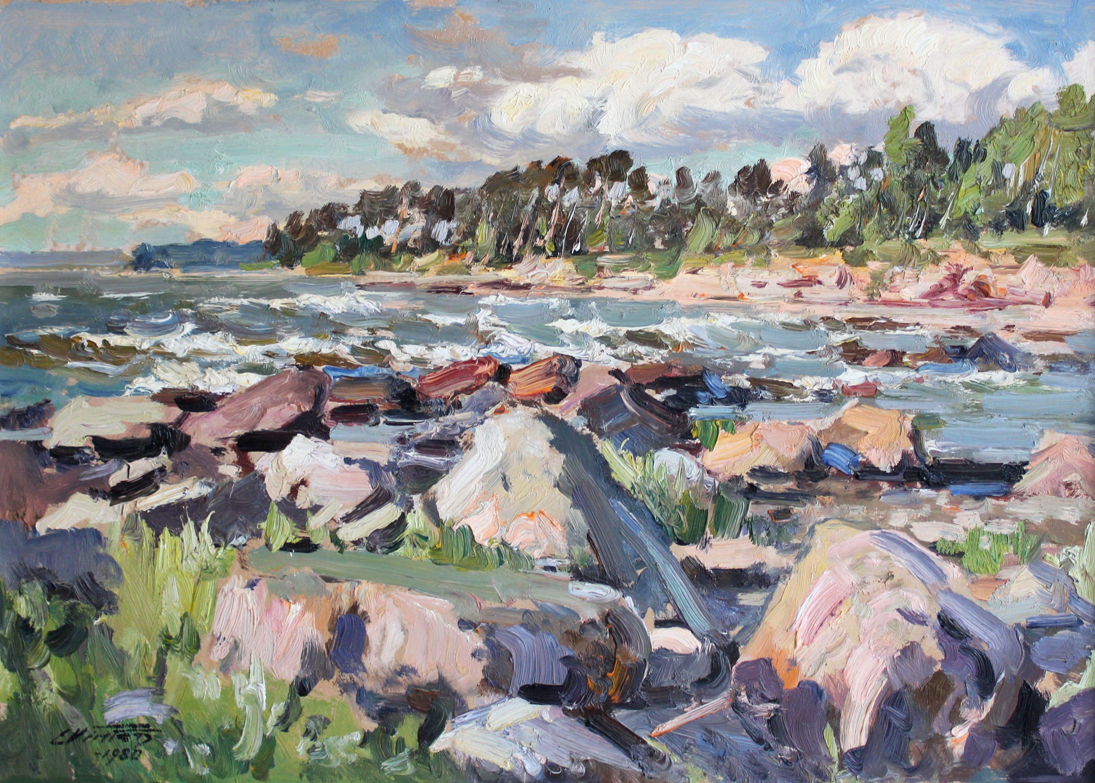 Rocky seashore. 1980, cardboard, oil, 48x66 cm - Painting by Edgars Vinters