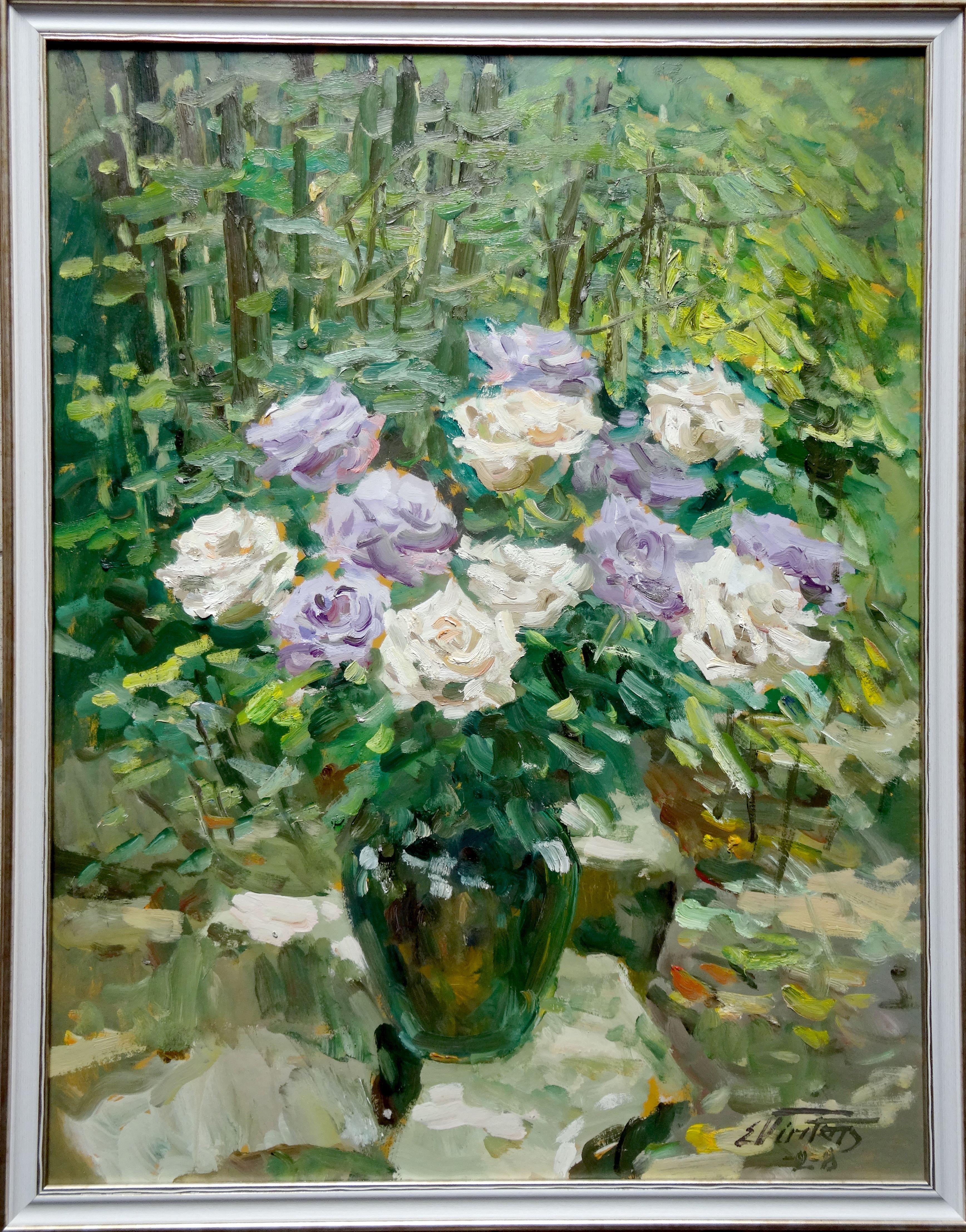 Roses. 2008, cardboard, oil, 87x67 cm - Impressionist Painting by Edgars Vinters