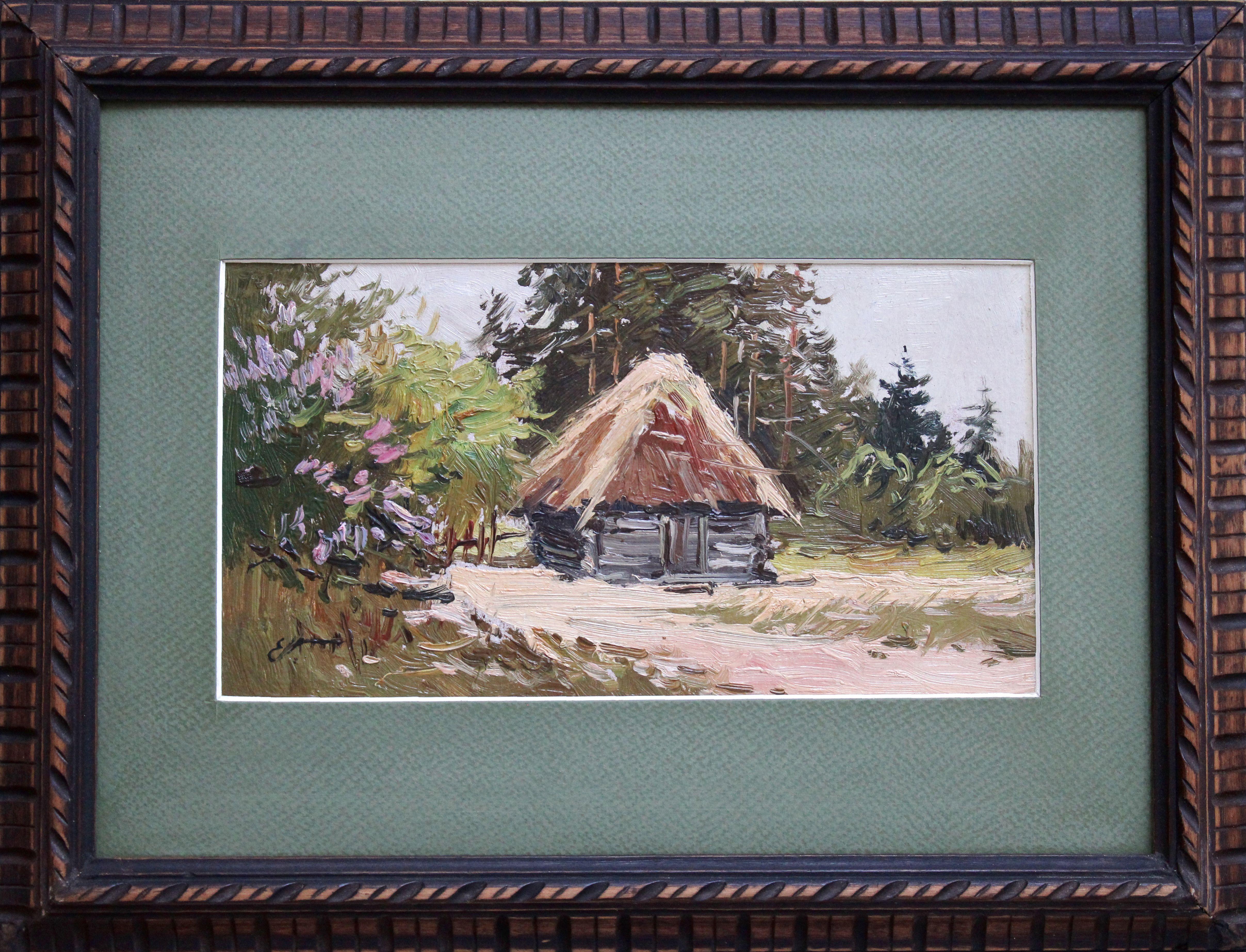 Sauna en el Museo al Aire Libre. Óleo sobre cartón, 13x24 cm - Painting Impresionista de Edgars Vinters
