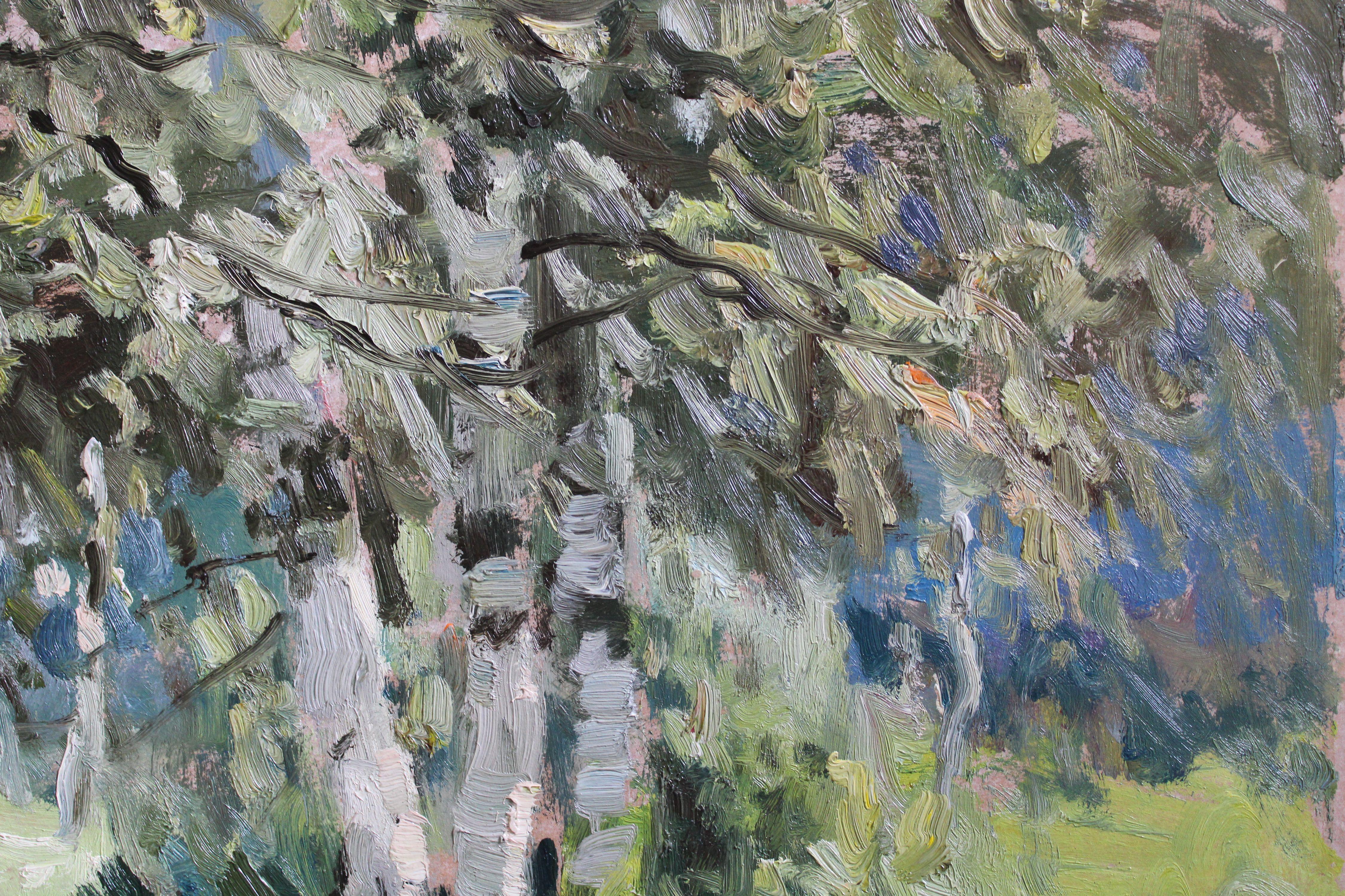 Spring birches. 1990. Cardboard, oil, 70x95 cm For Sale 1