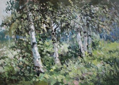 Spring birches. 1990. Cardboard, oil, 70x95 cm