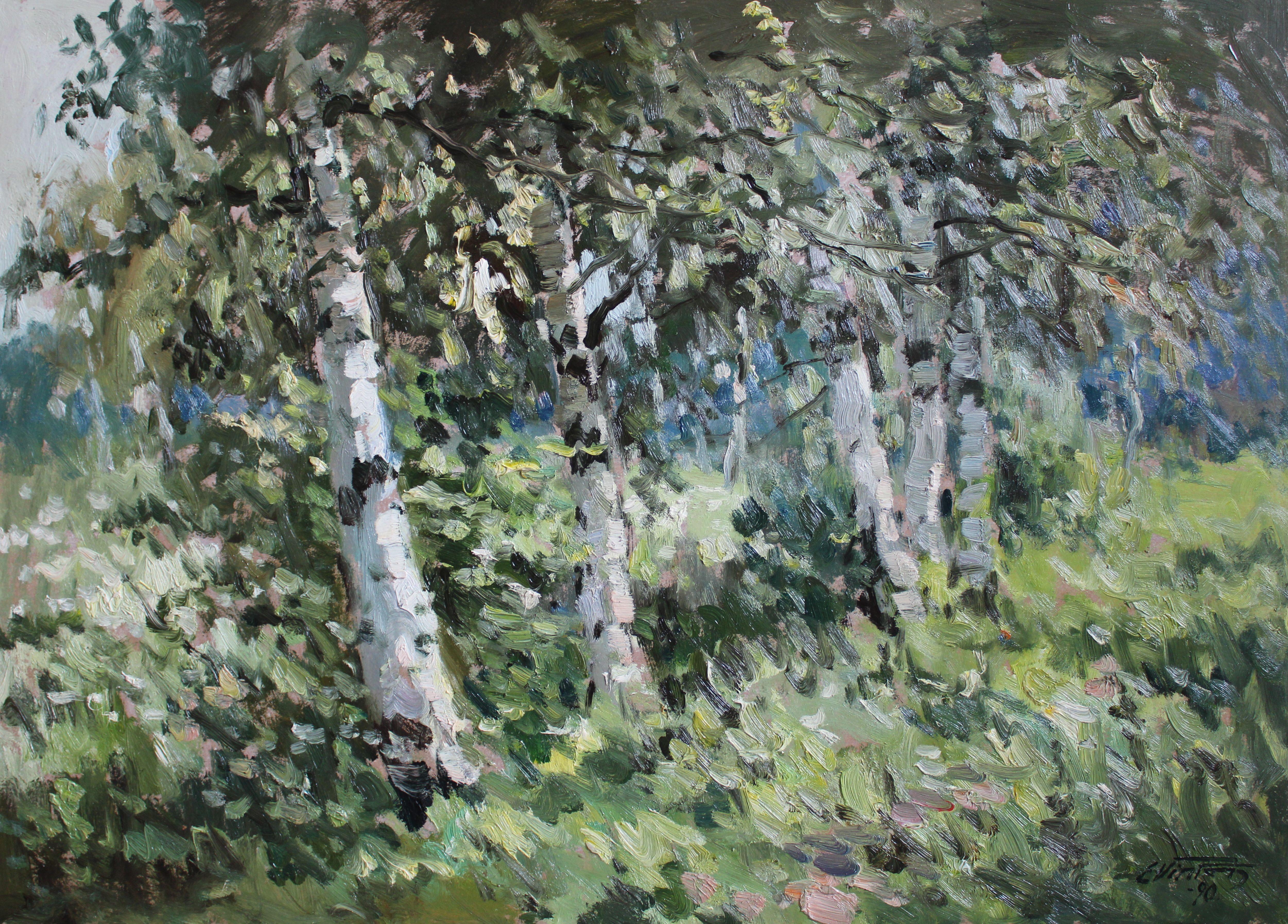 Spring birches. 1990. Cardboard, oil, 70x95 cm - Painting by Edgars Vinters