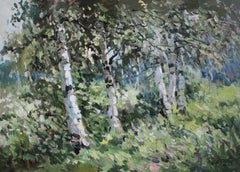 Retro Spring birches. 1990. Cardboard, oil, 70x95 cm