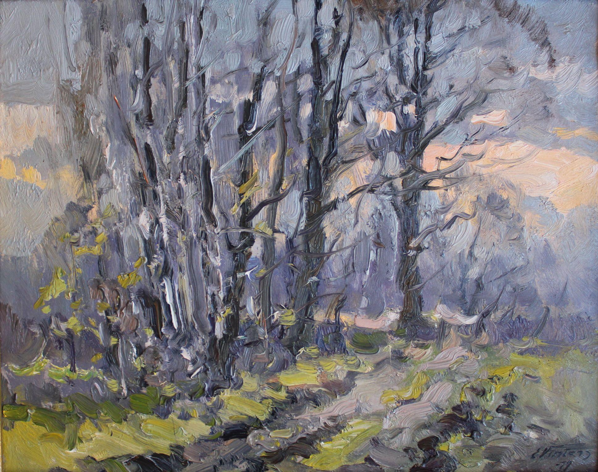 Spring mood  oil/cardboard, 42x52 cm - Impressionist Painting by Edgars Vinters