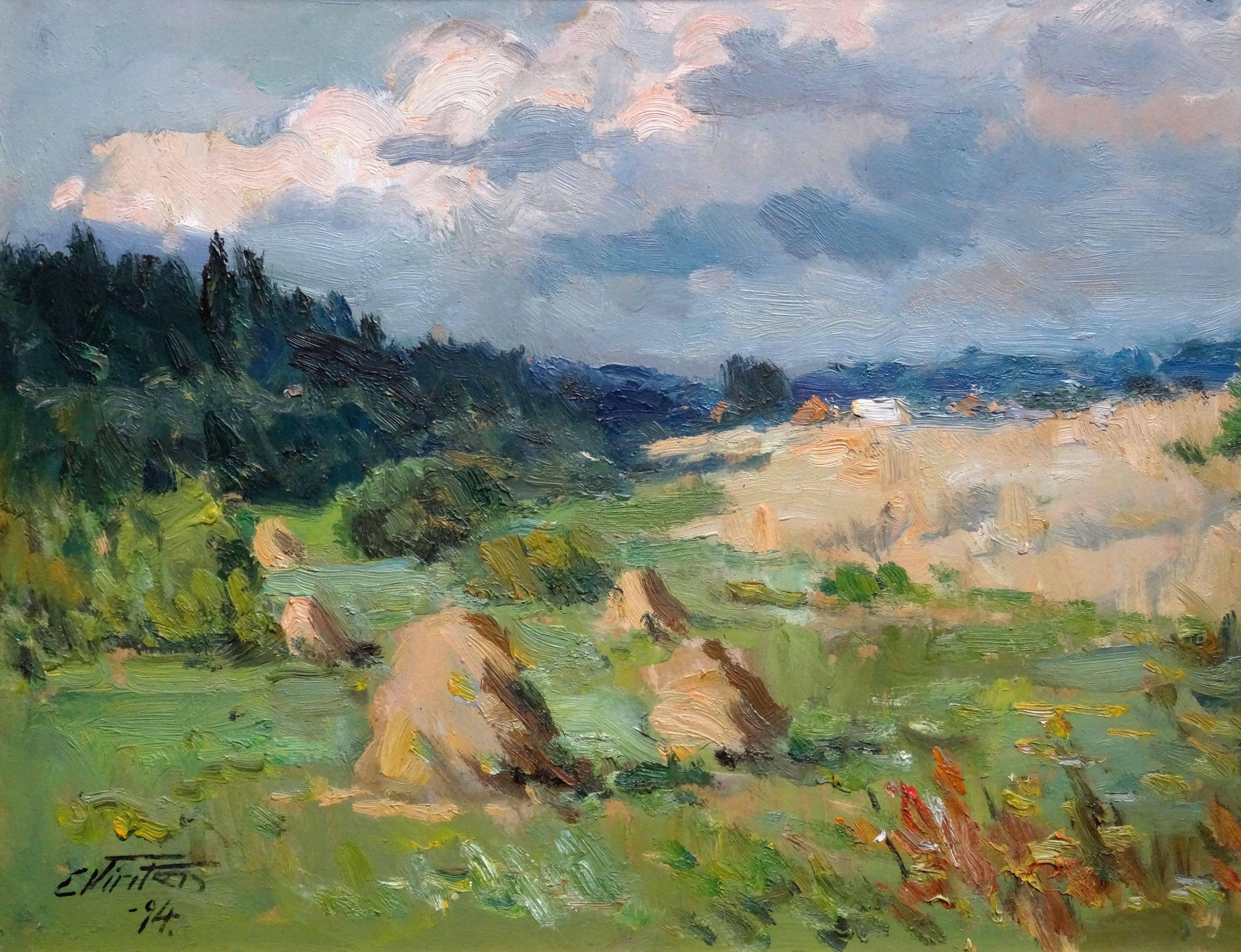 Landscape Art Edgars Vinters -  jour d'été 1994, huile sur carton, 45x58 cm