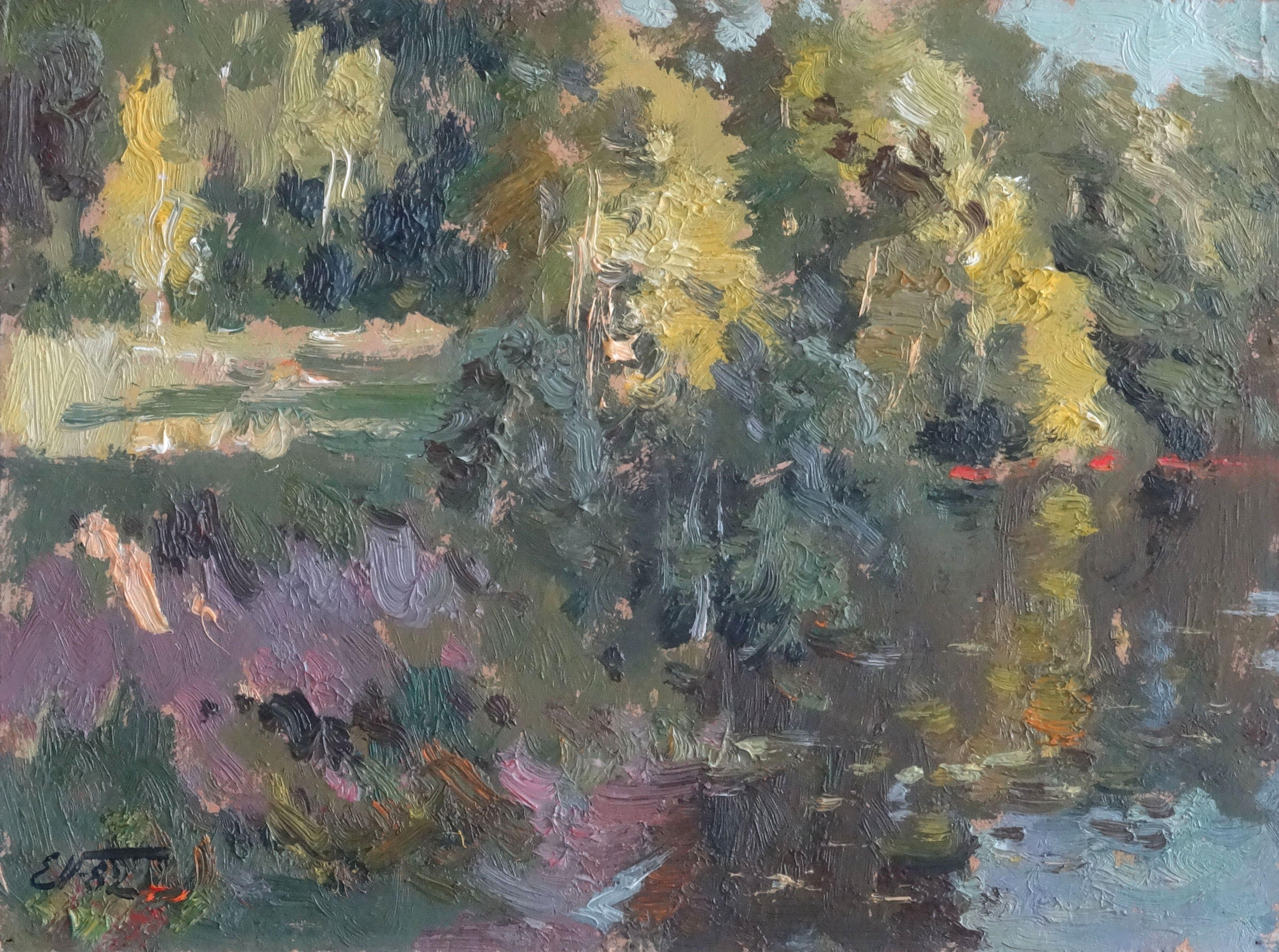 Edgars Vinters Landscape Painting - Summer evening. 1982, oil on cardboard, 24, 5x33 cm