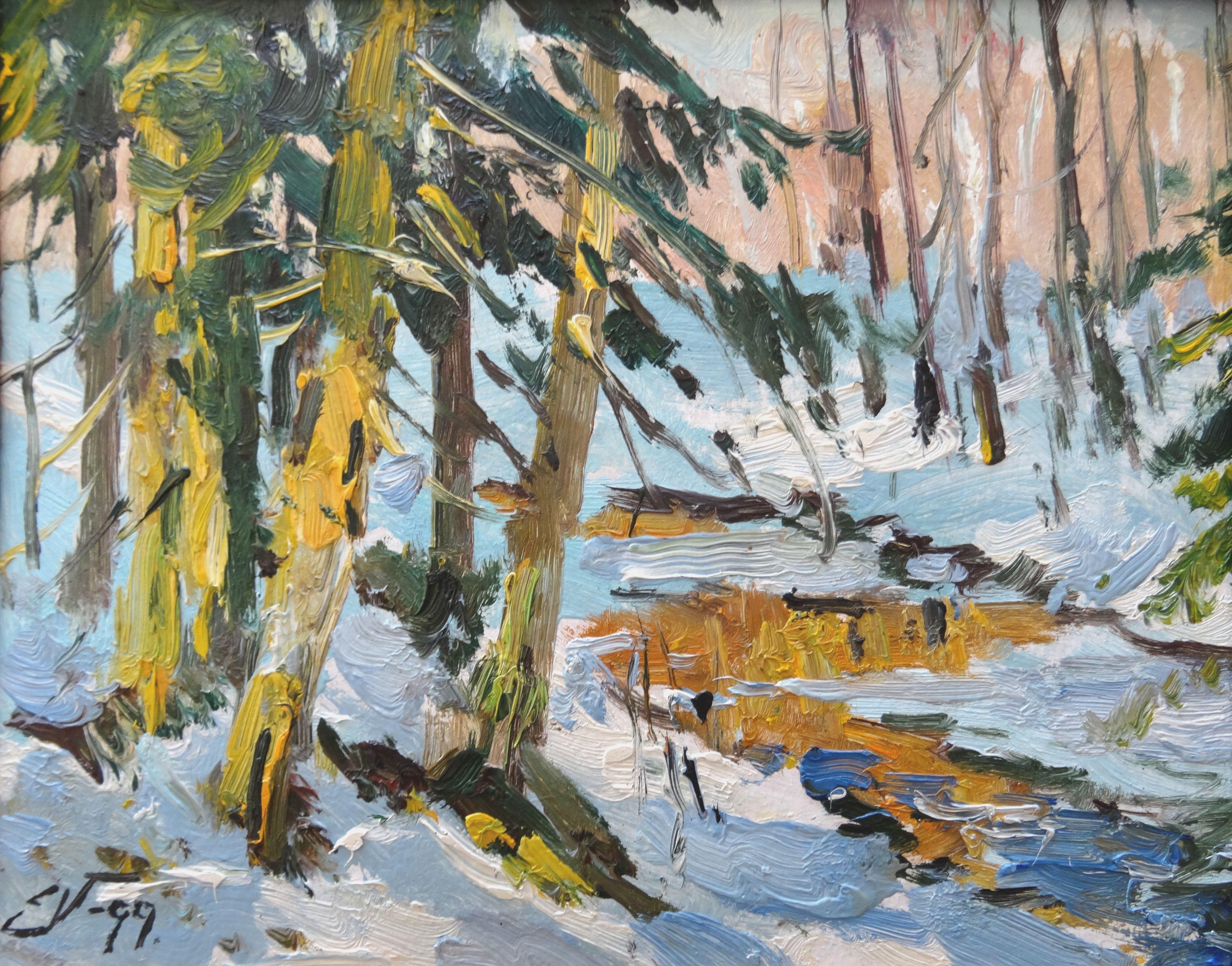 Edgars Vinters Landscape Art - Sun at winter forest. 1999. Oil on cardboard, 25x30 cm