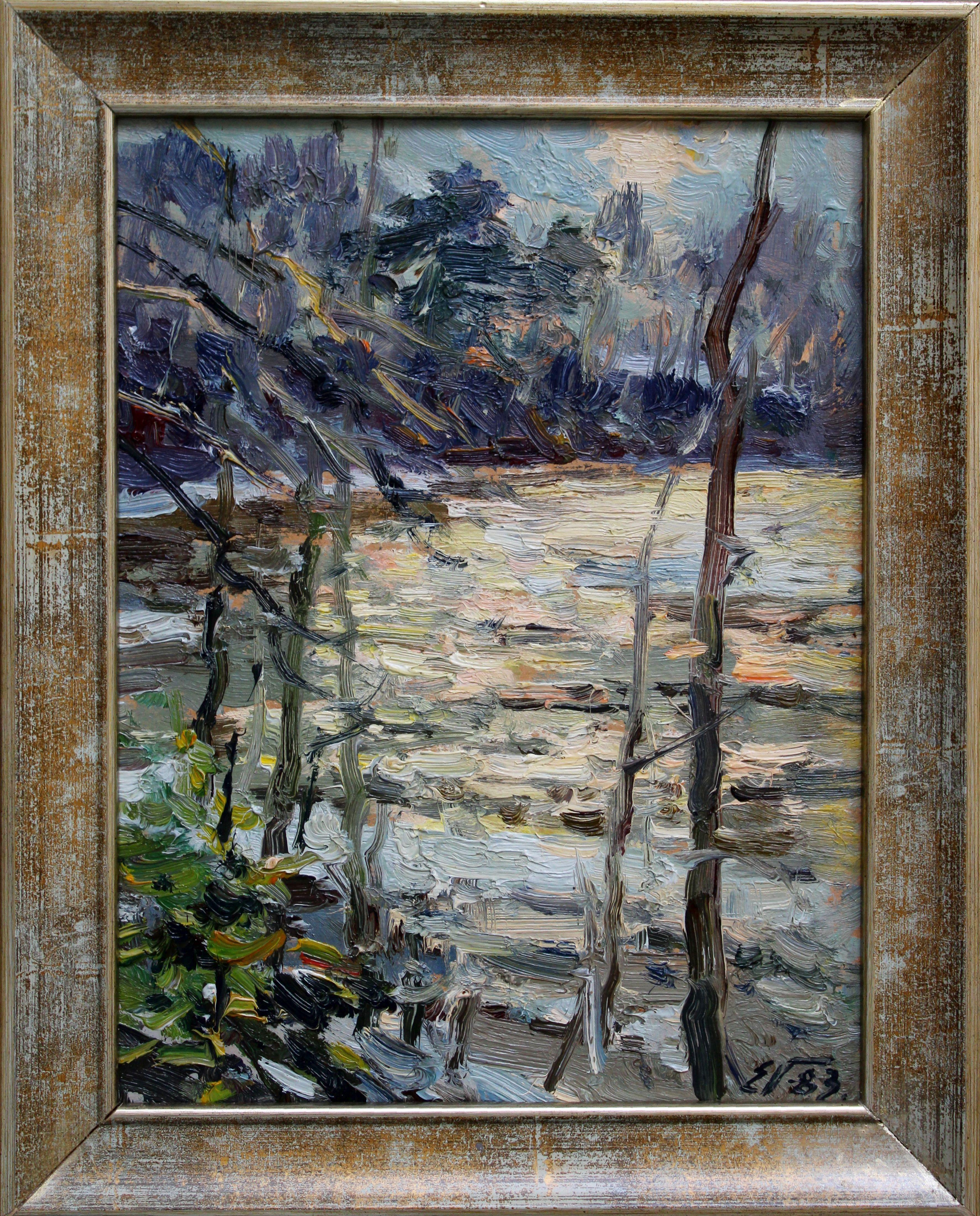 Sonnenblendung in warmem Wasser. 1983. Öl auf Karton, 31x24 cm, Öl – Painting von Edgars Vinters