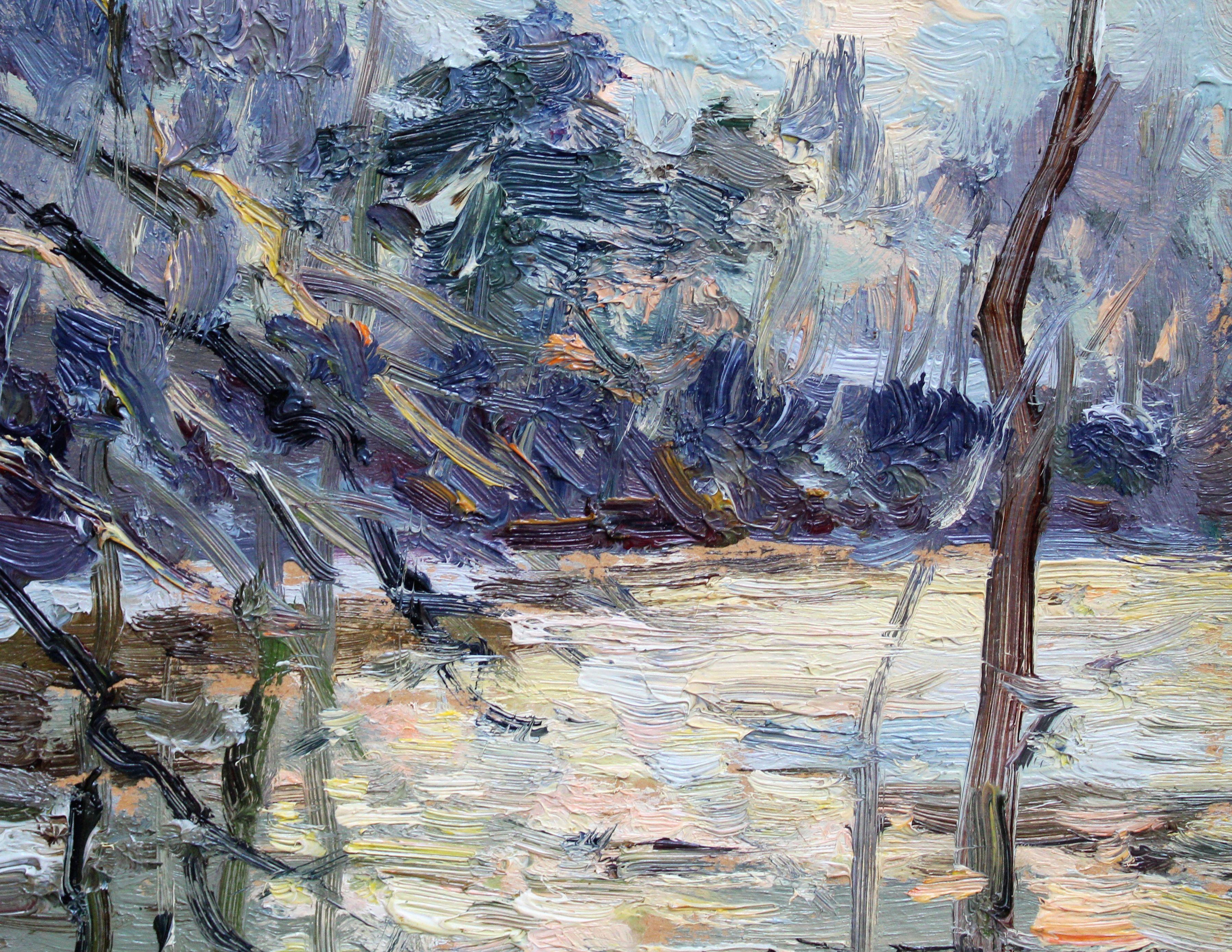 Sonnenblendung in warmem Wasser. 1983. Öl auf Karton, 31x24 cm, Öl (Grau), Landscape Painting, von Edgars Vinters