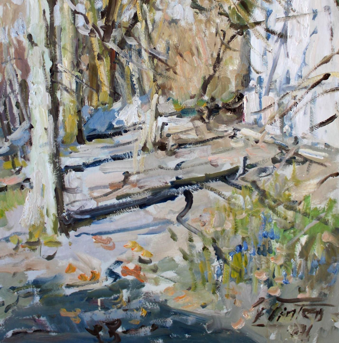 Sonnige Gasse  Cardboard/Öl, 87x65.5 cm, 1971 (Grau), Landscape Painting, von Edgars Vinters