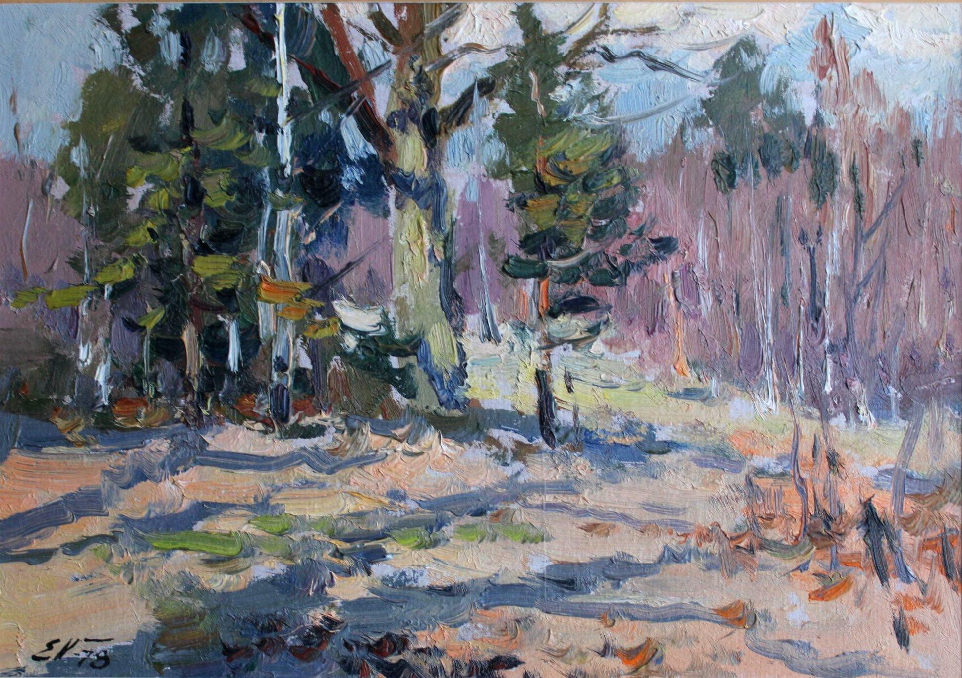 Giornata di sole in autunno, cartone/olio, 23x32 cm - Art Impressionismo di Edgars Vinters