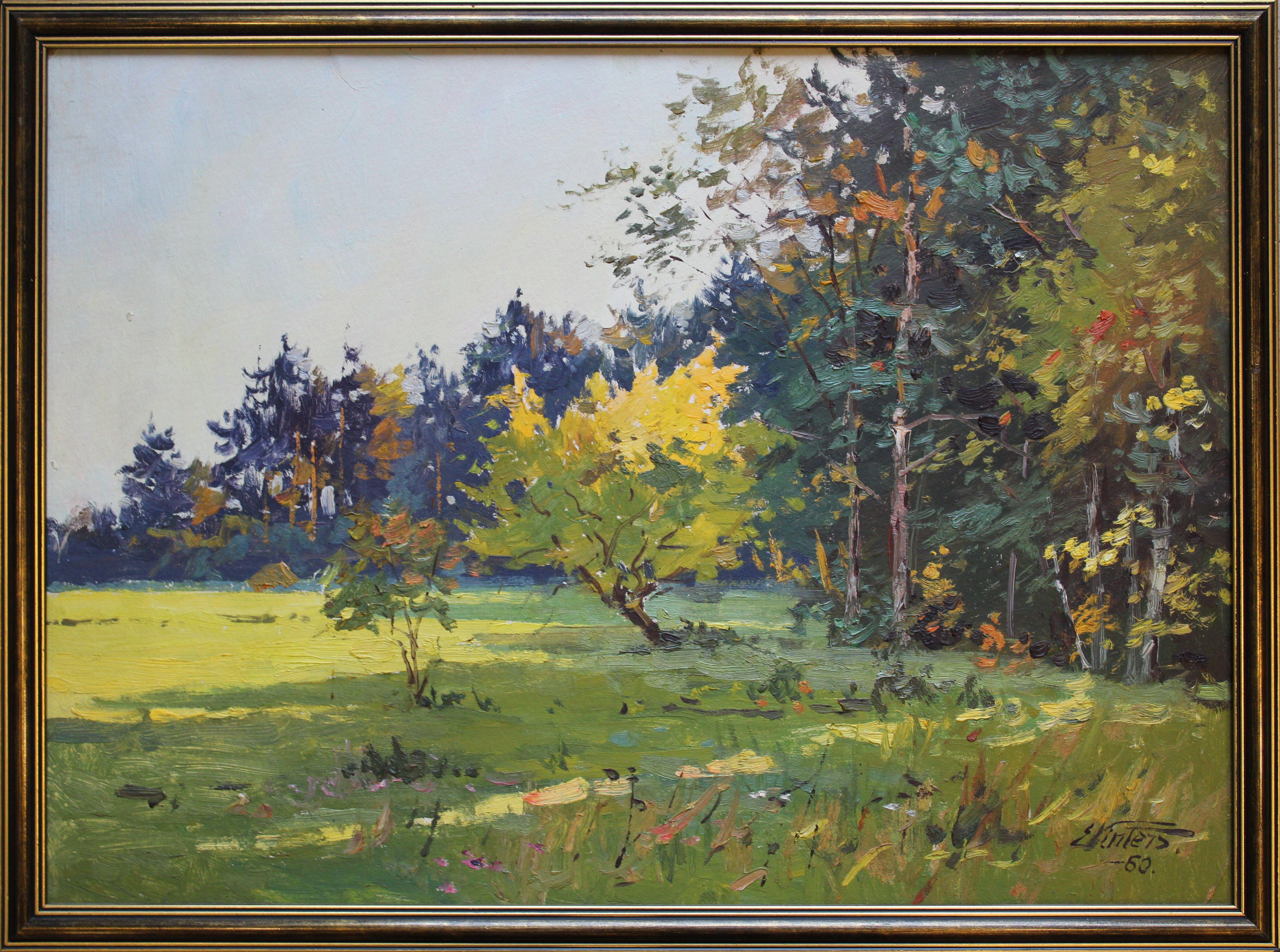 Sunny autumn forest edge. 1960, cardboard, oil, 36x50 cm - Painting by Edgars Vinters