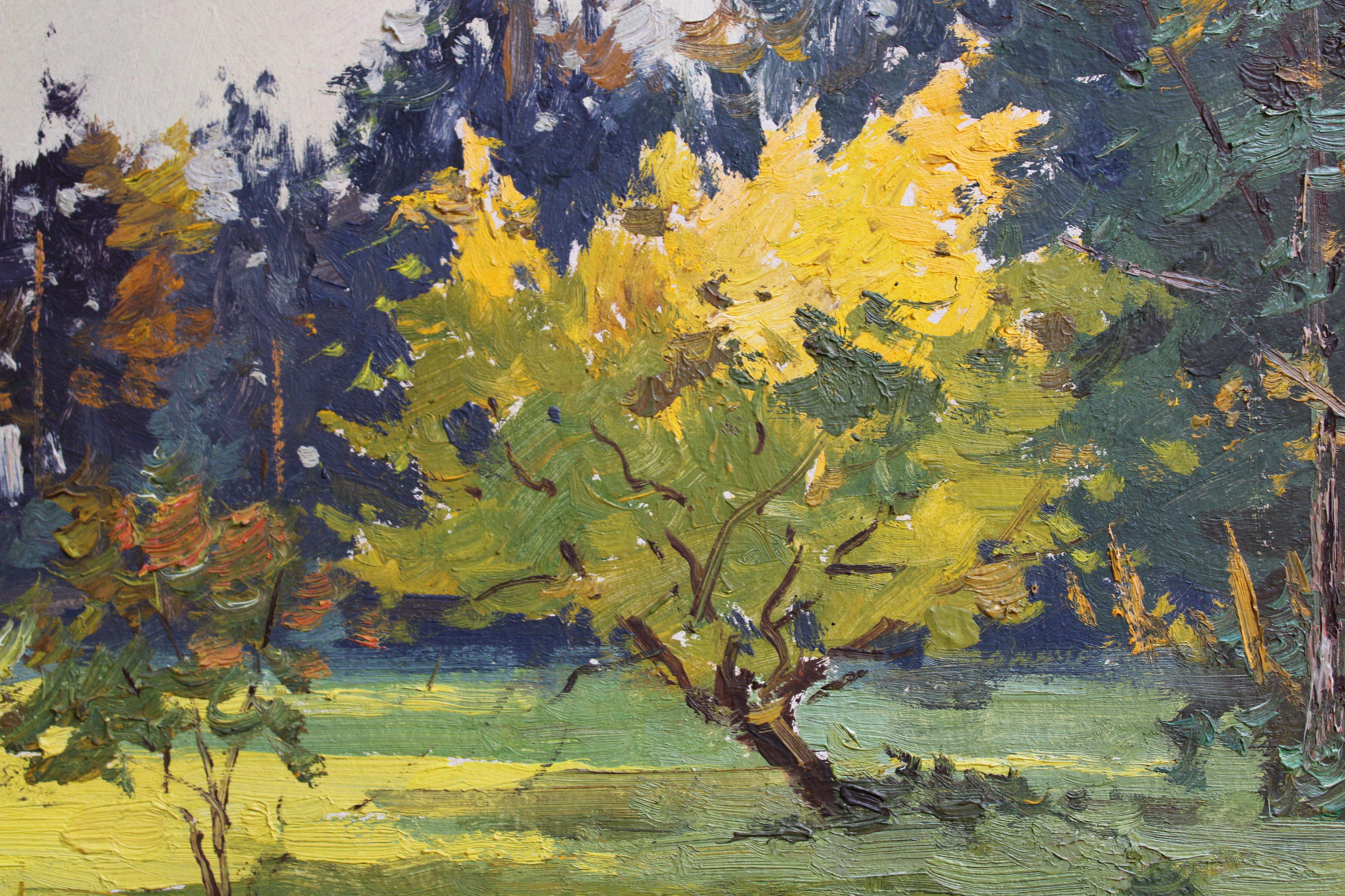 Sunny autumn forest edge. 1960, cardboard, oil, 36x50 cm For Sale 2