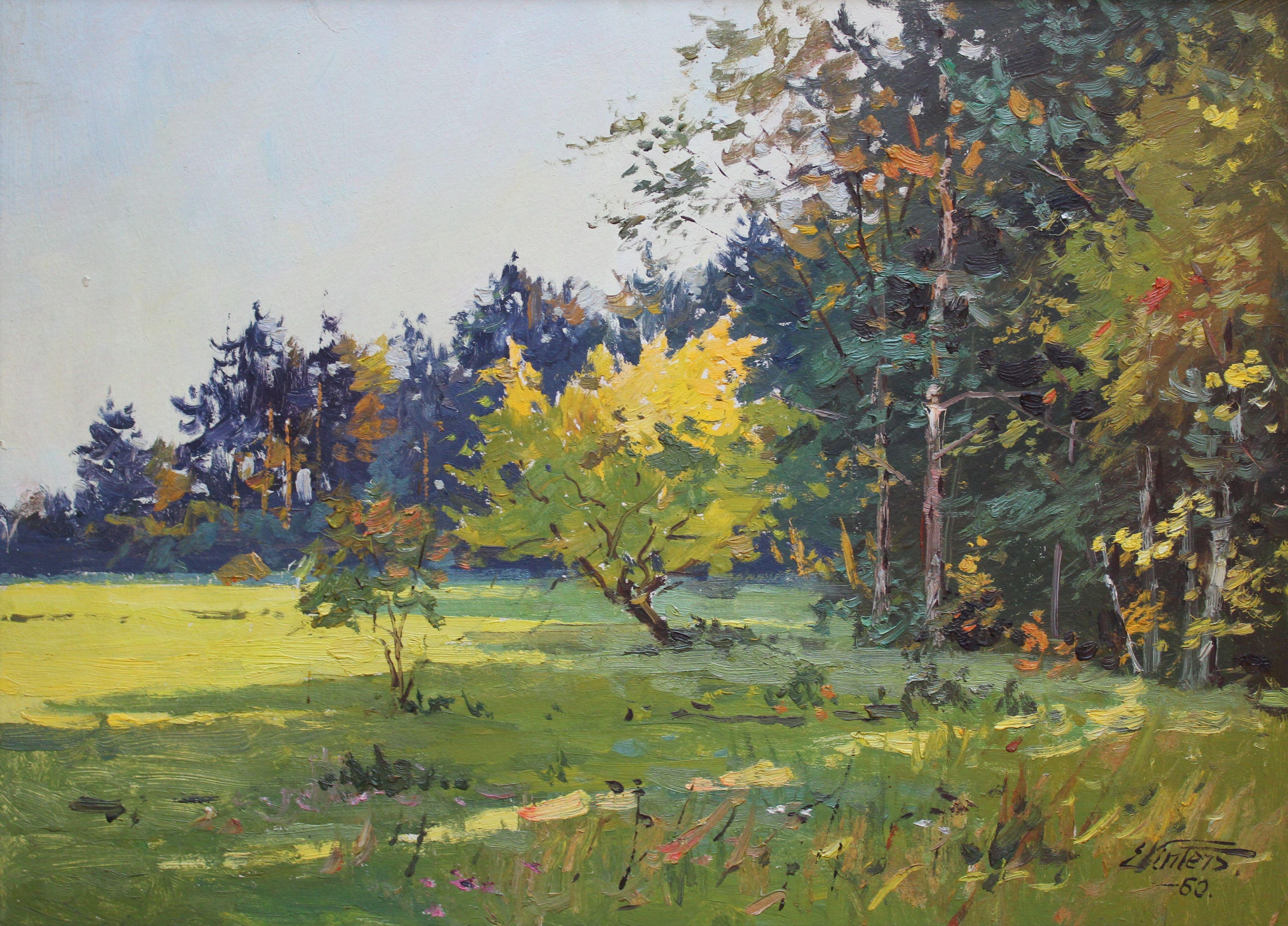 Sunny autumn forest edge. 1960, cardboard, oil, 36x50 cm