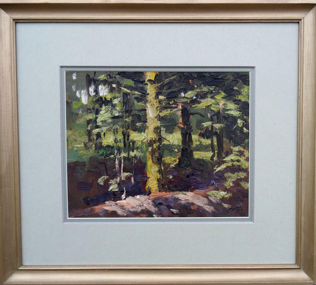 Sunny day in the forest. 1977, cardboard, oil, 21.5x26 cm - Art by Edgars Vinters