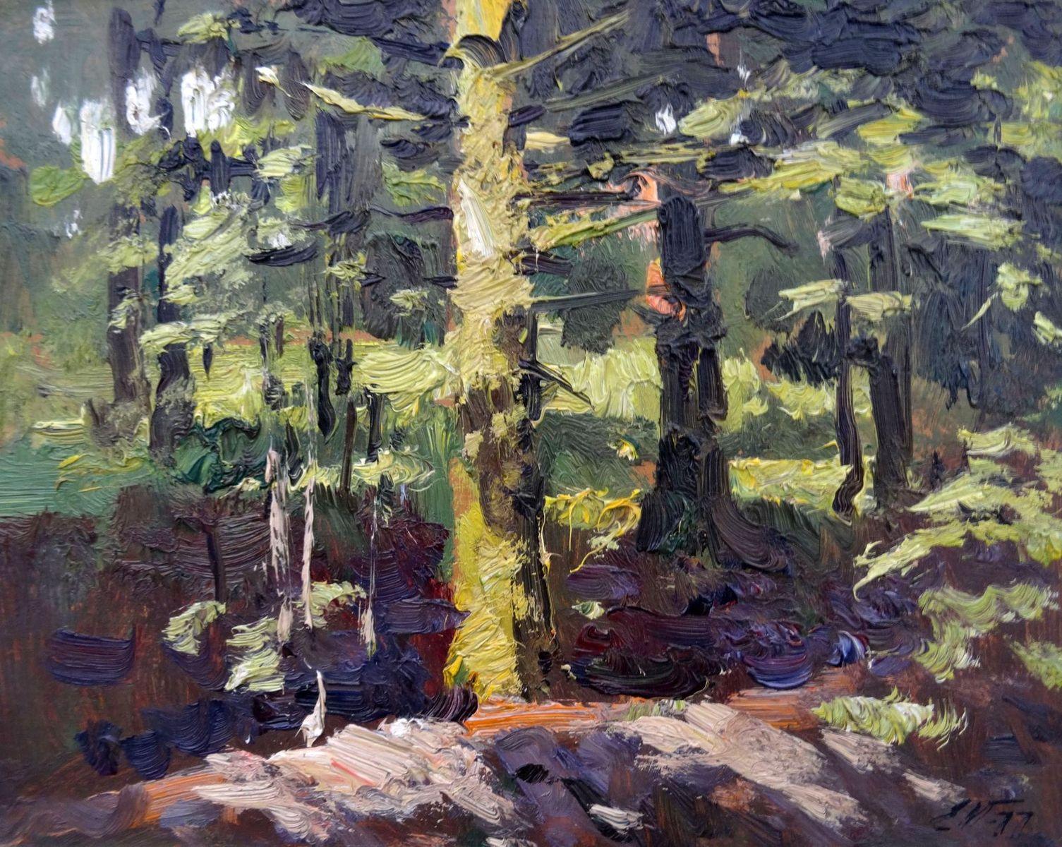 Edgars Vinters Landscape Art - Sunny day in the forest. 1977, cardboard, oil, 21.5x26 cm