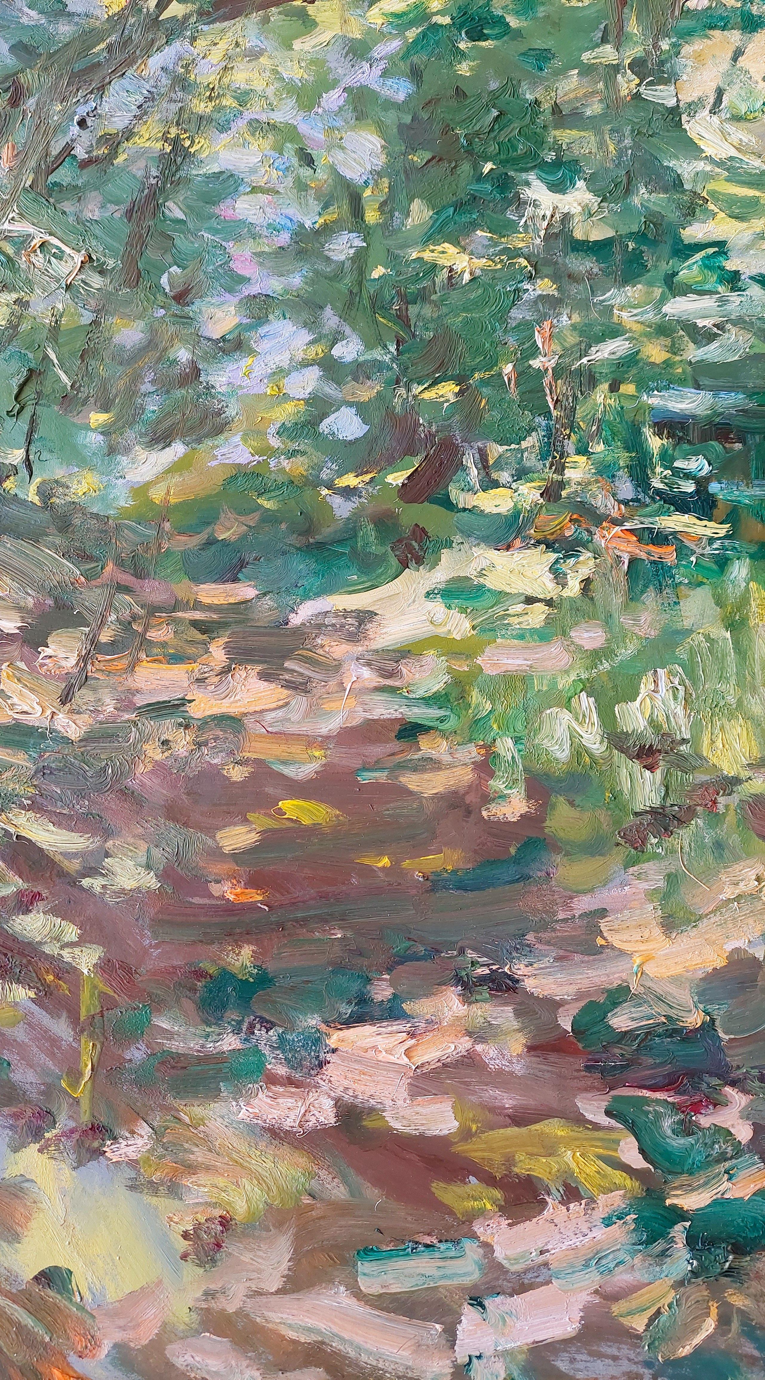 Sunny foliage. 2010. Cardboard, oil. 69x87, 5 cm - Gray Figurative Painting by Edgars Vinters