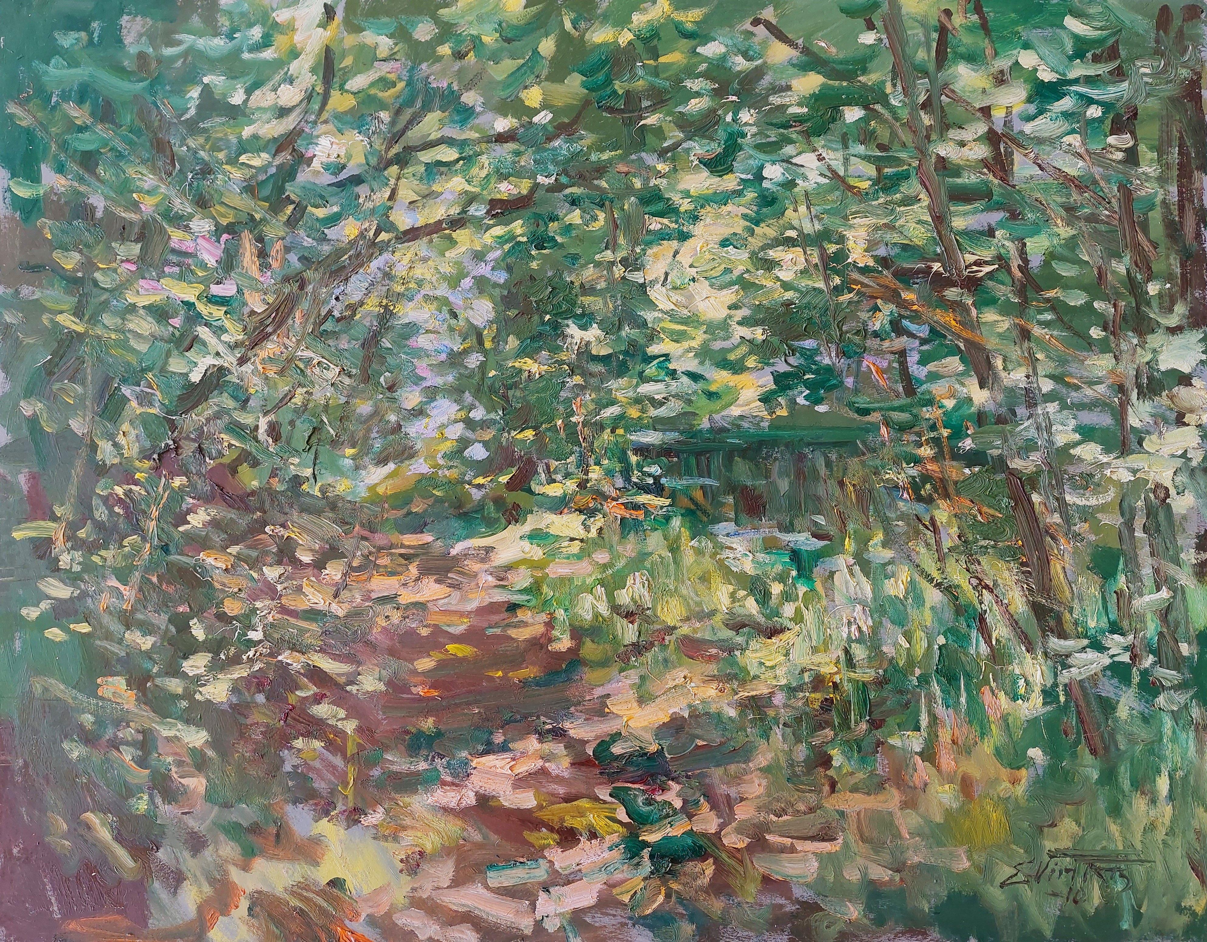 Edgars Vinters Figurative Painting - Sunny foliage. 2010. Cardboard, oil. 69x87, 5 cm