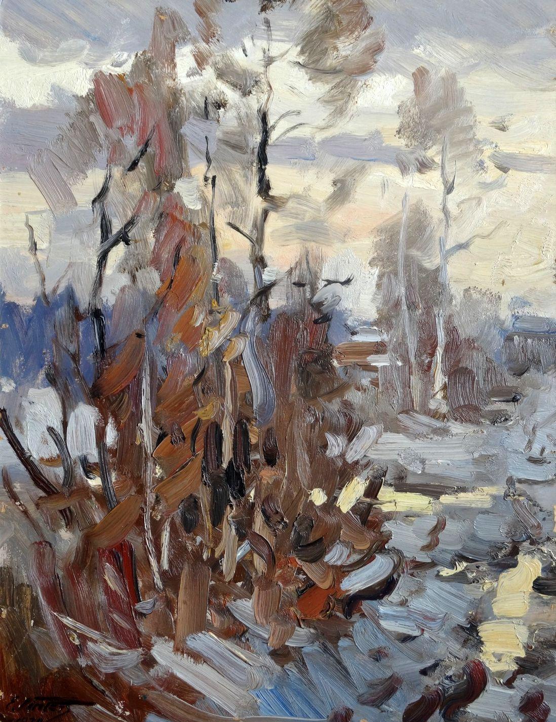 Paysage ensoleillé. Bilateral. 1985. Huile sur carton, 46 x 60 cm - Painting de Edgars Vinters