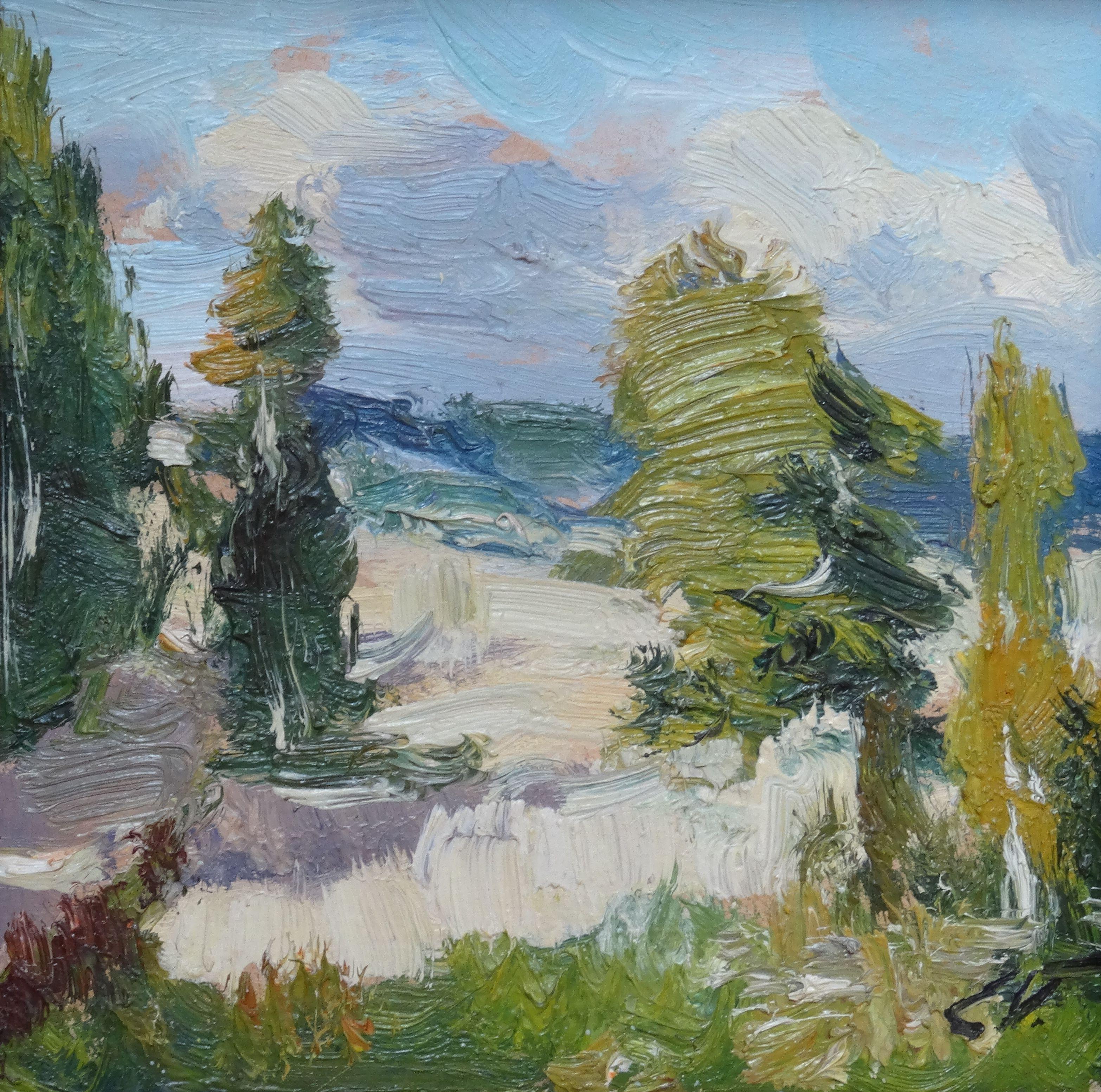 Sunny landscape. Oil on cardboard, 16, 7x17, 7 cm - Art by Edgars Vinters