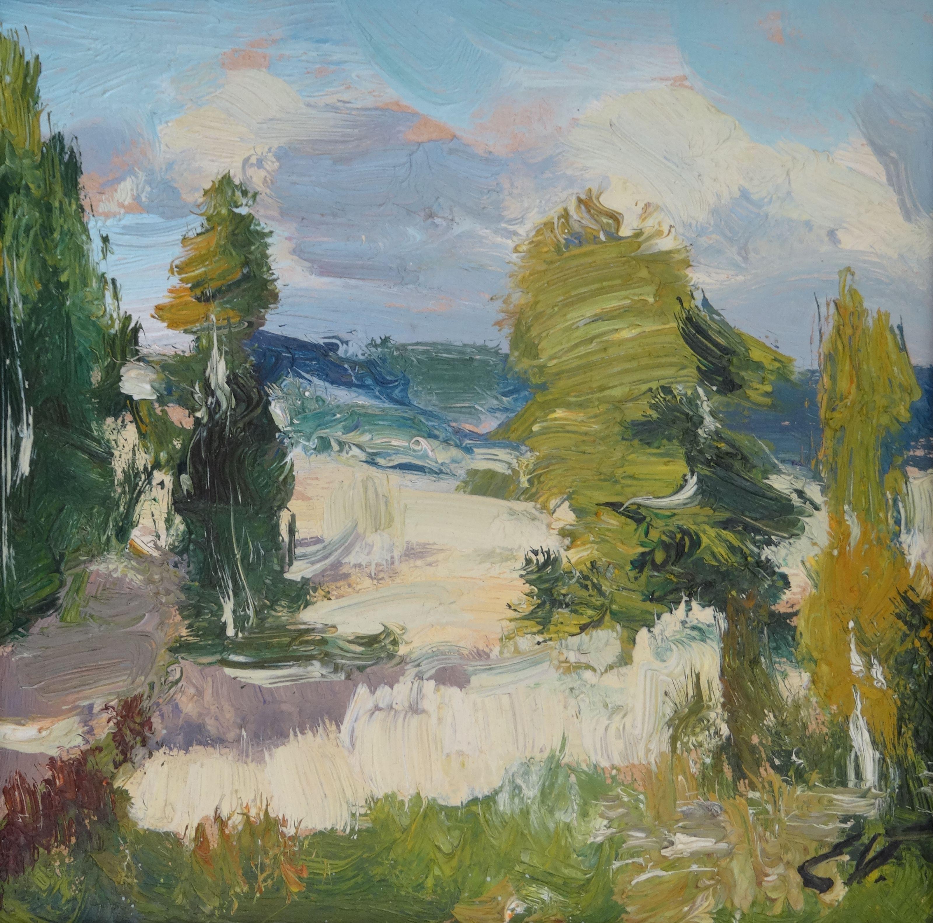 Edgars Vinters Landscape Art - Sunny landscape. Oil on cardboard, 16, 7x17, 7 cm
