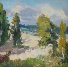 Vintage Sunny landscape. Oil on cardboard, 16,7x17,7 cm