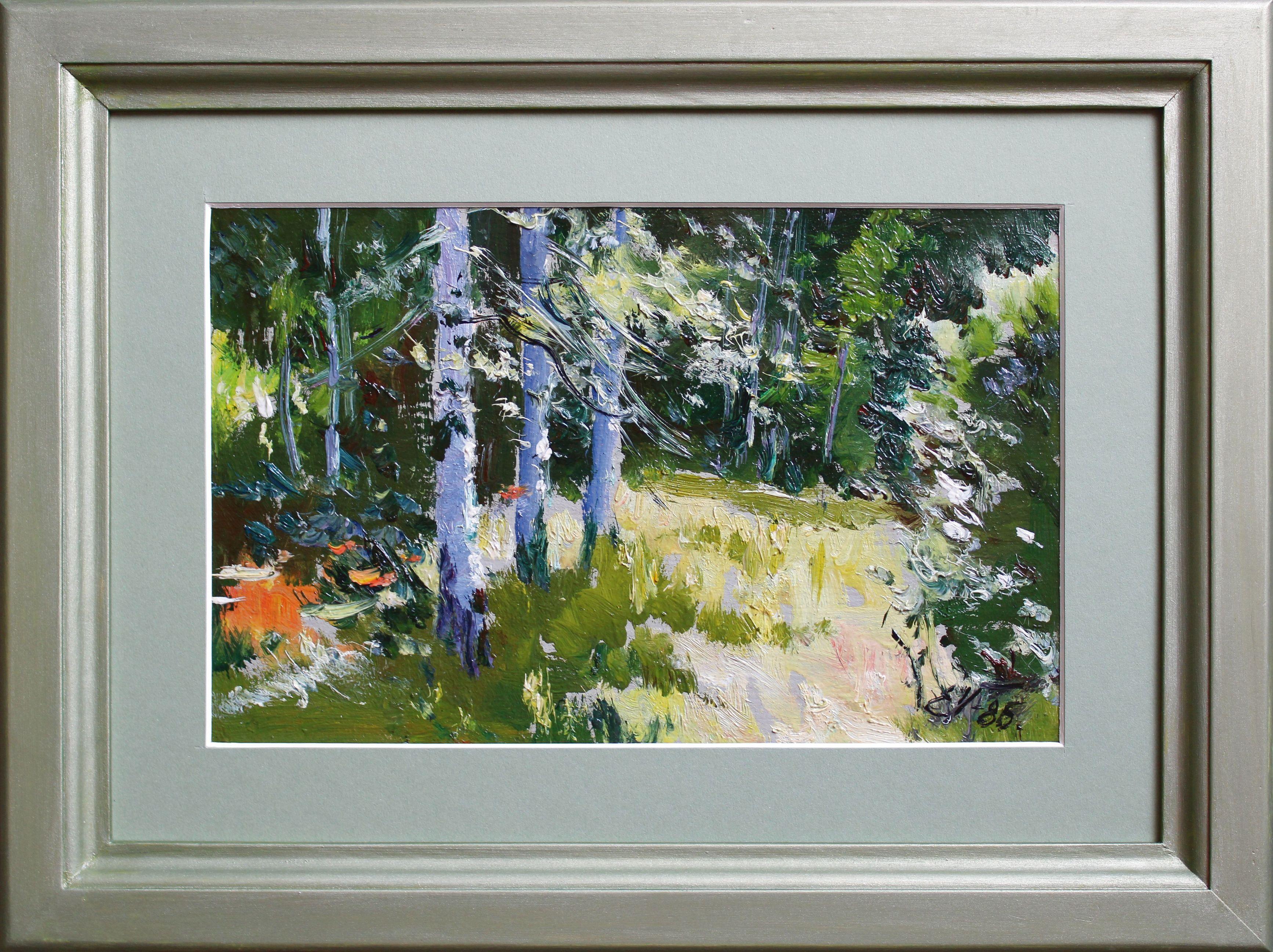 Sunny meadow. 1985, cardboard, oil, 21.5x33 cm - Impressionist Art by Edgars Vinters