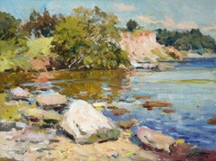 Sunny summer landscape by the river. 1986, cardboard, oil, 44x57.5 cm