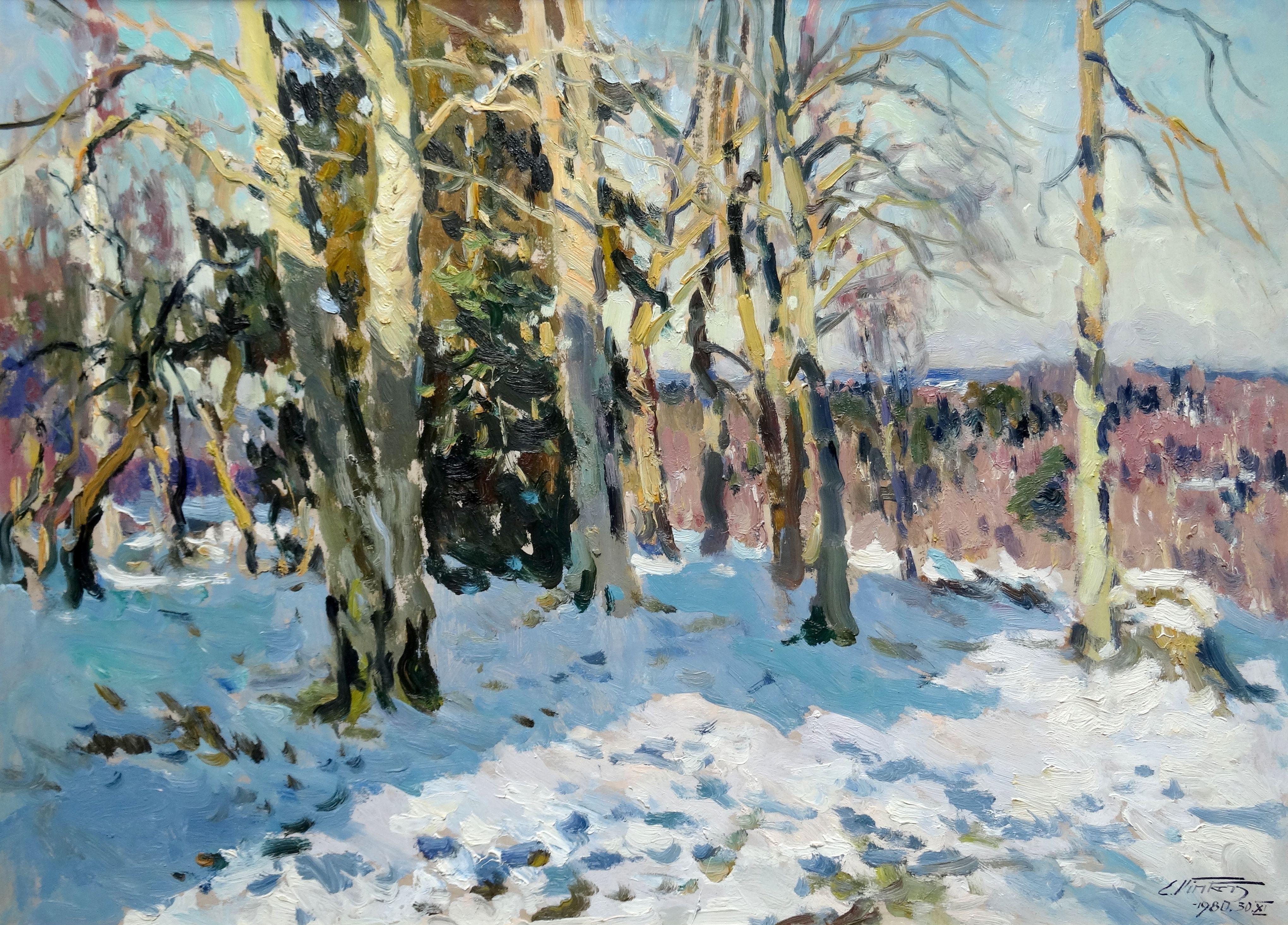 Edgars Vinters Landscape Art – Sunny Winter day. 1980, Karton, Öl, 68x93 cm