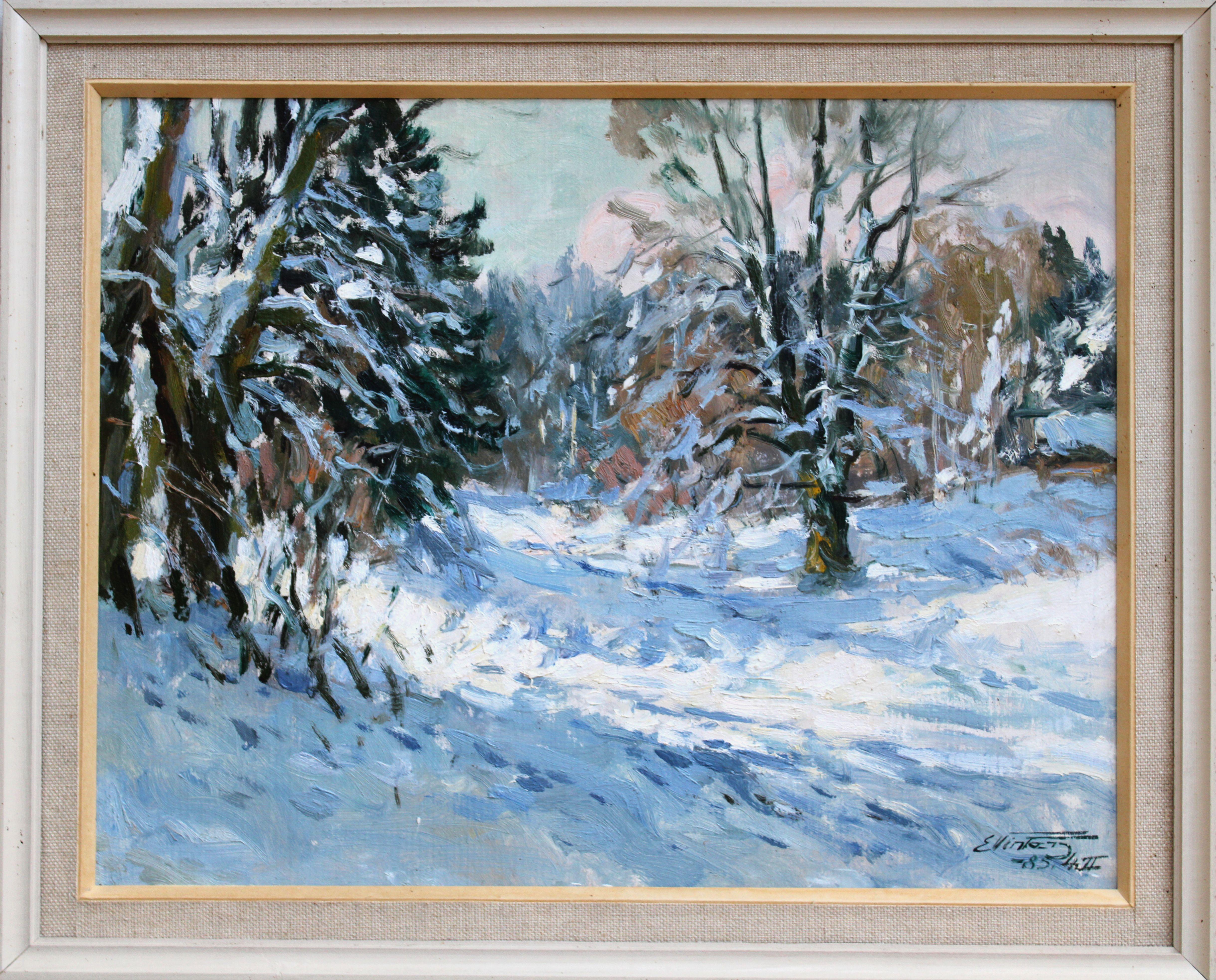 Sunny winter landscape. 1985, cardboard, oil, 45x58 cm - Painting by Edgars Vinters