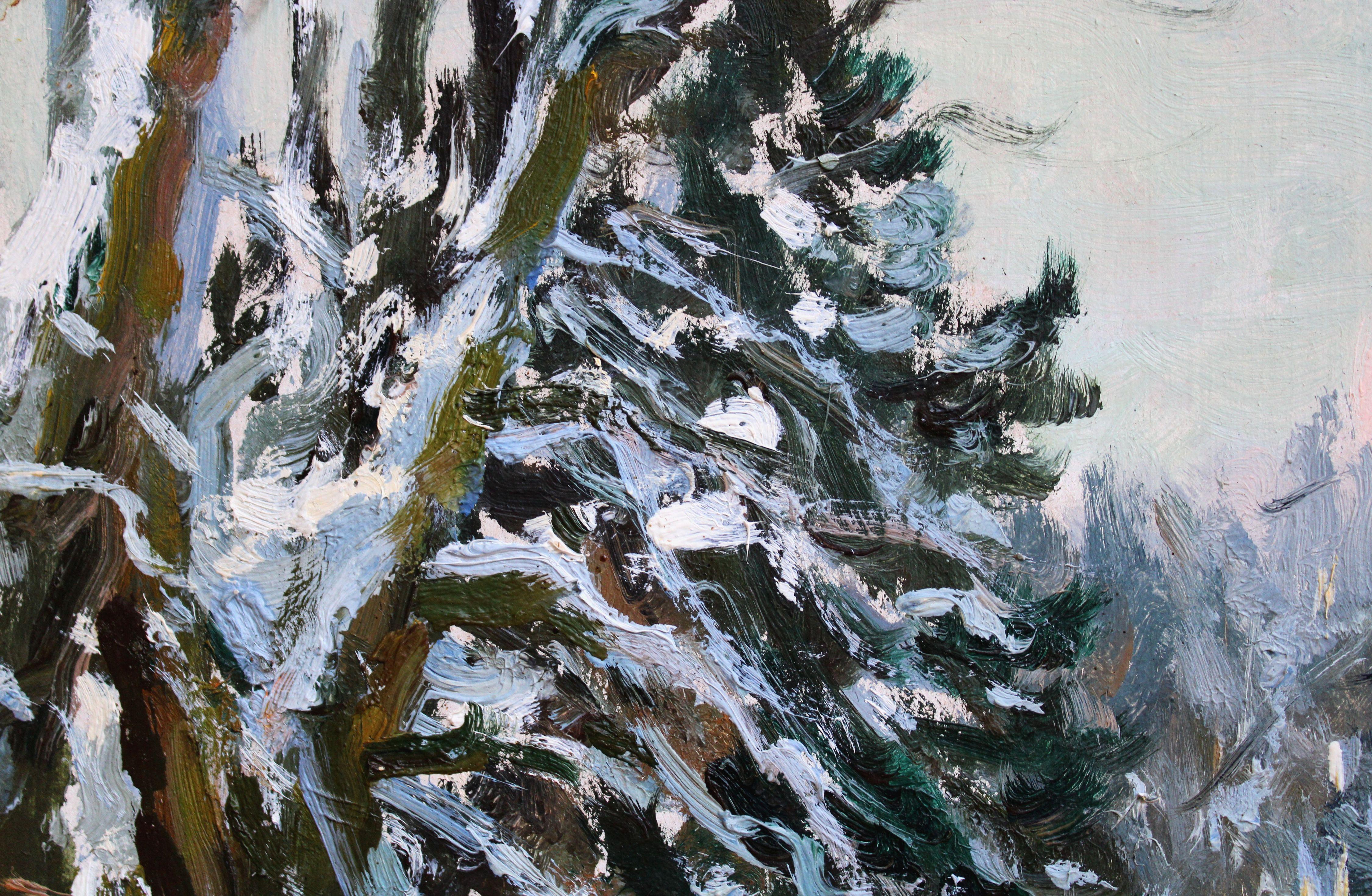 Sunny winter landscape. 1985, cardboard, oil, 45x58 cm For Sale 2