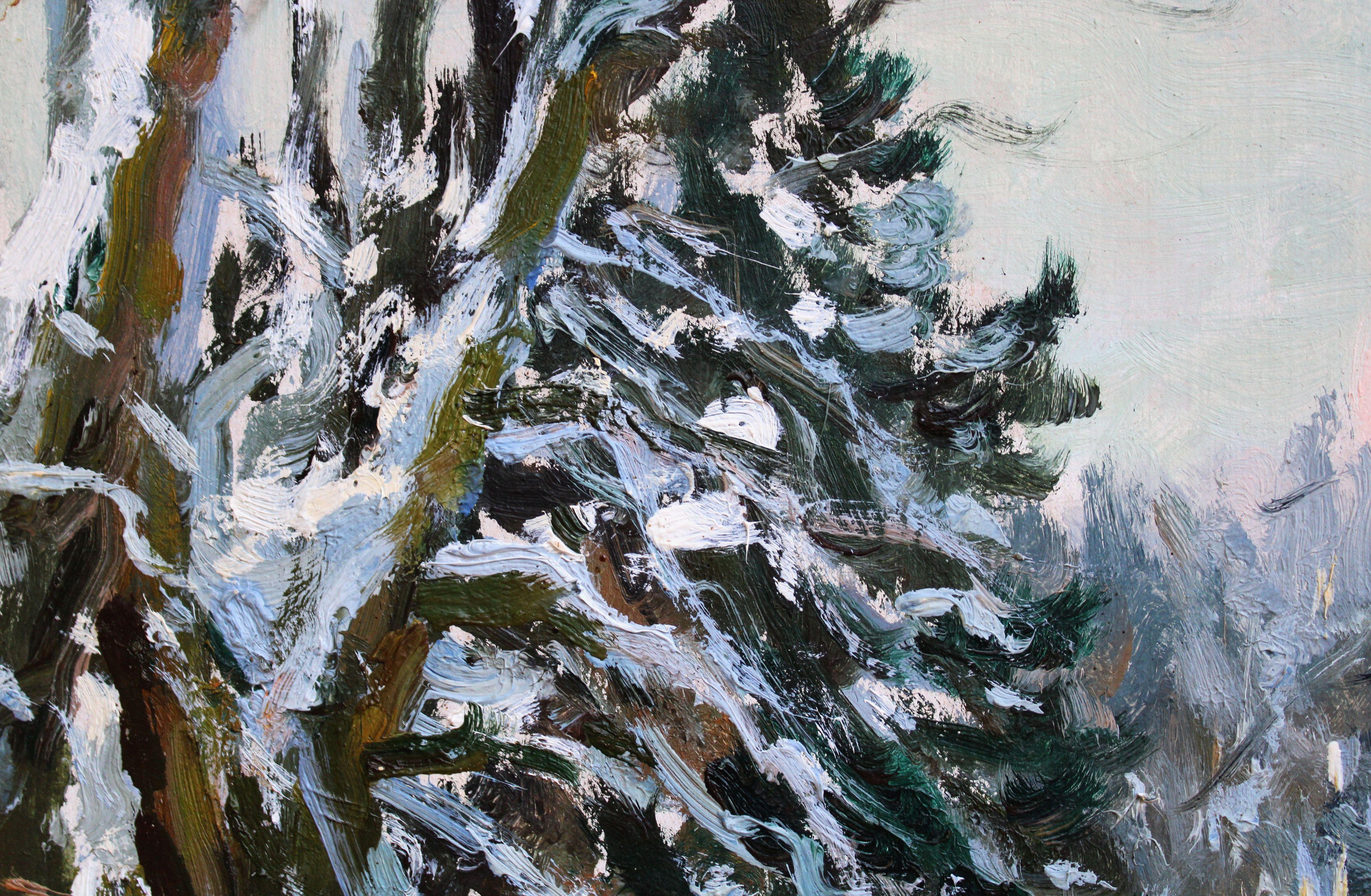 Paisaje soleado de invierno. 1985, cartón, óleo, 45x58 cm - Landscape Painting Azul de Edgars Vinters