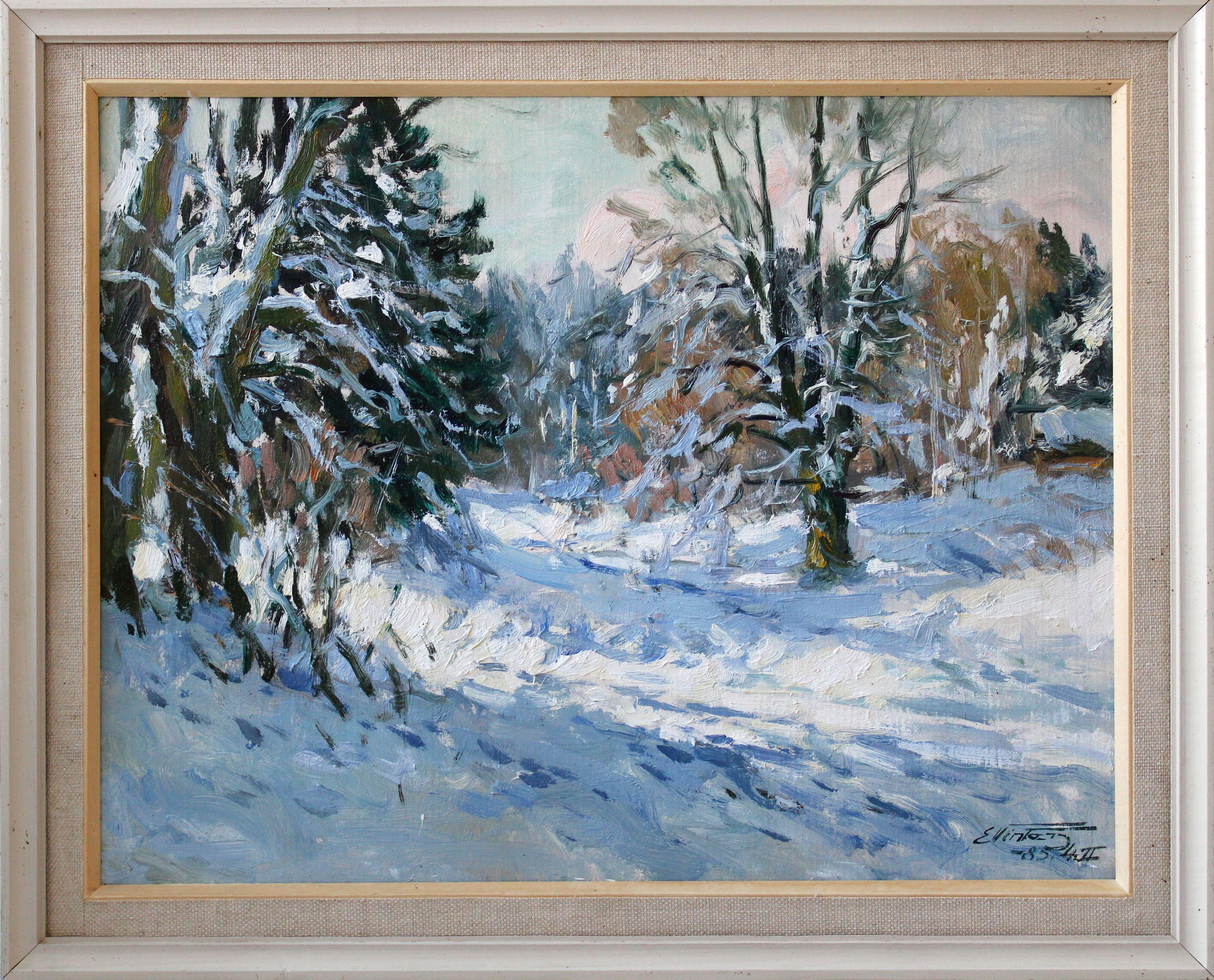 Sunny winter landscape. 1985, cardboard, oil, 45x58 cm For Sale 3