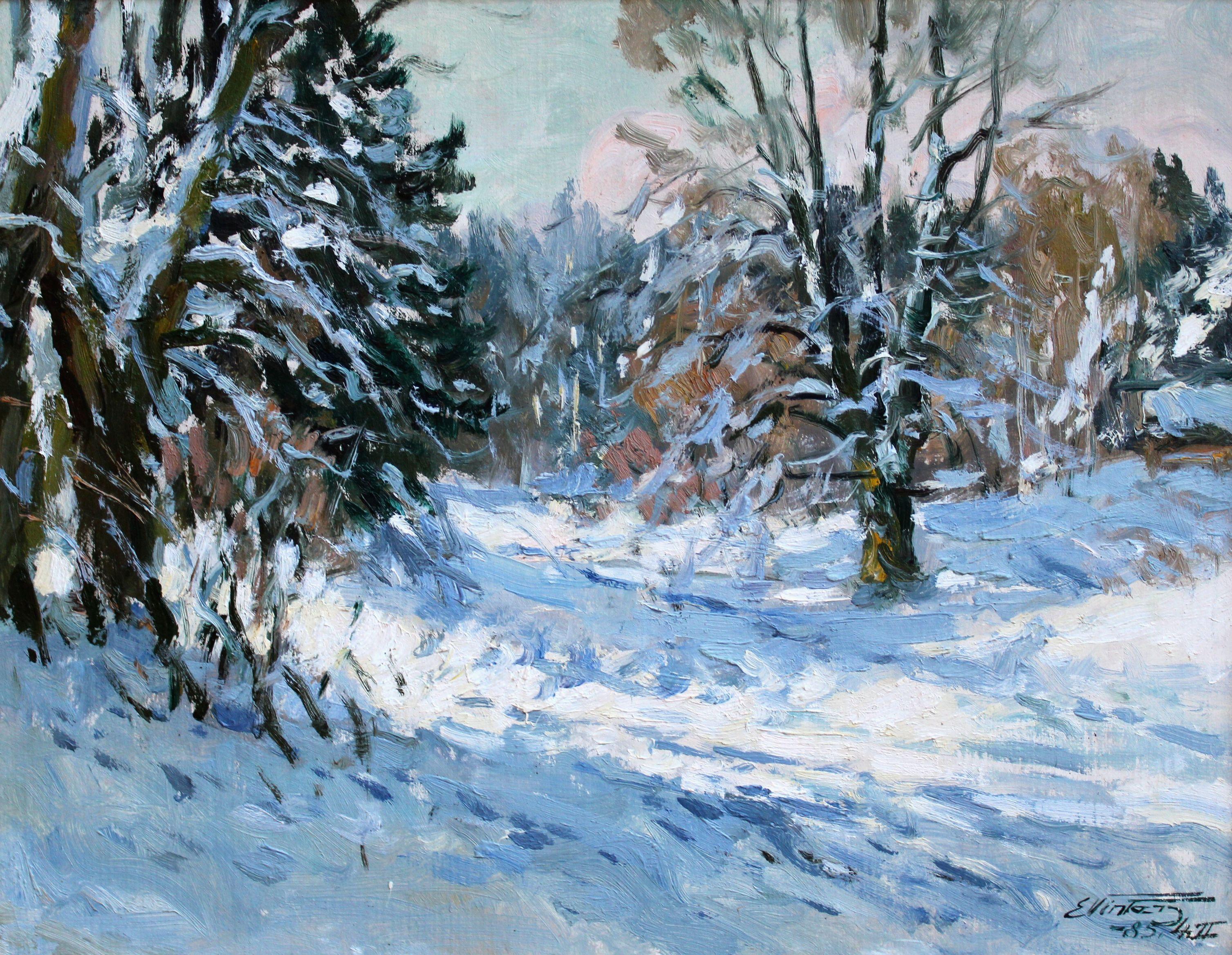 Paysage d'hiver ensoleillé. 1985, carton, huile, 45 x58 cm