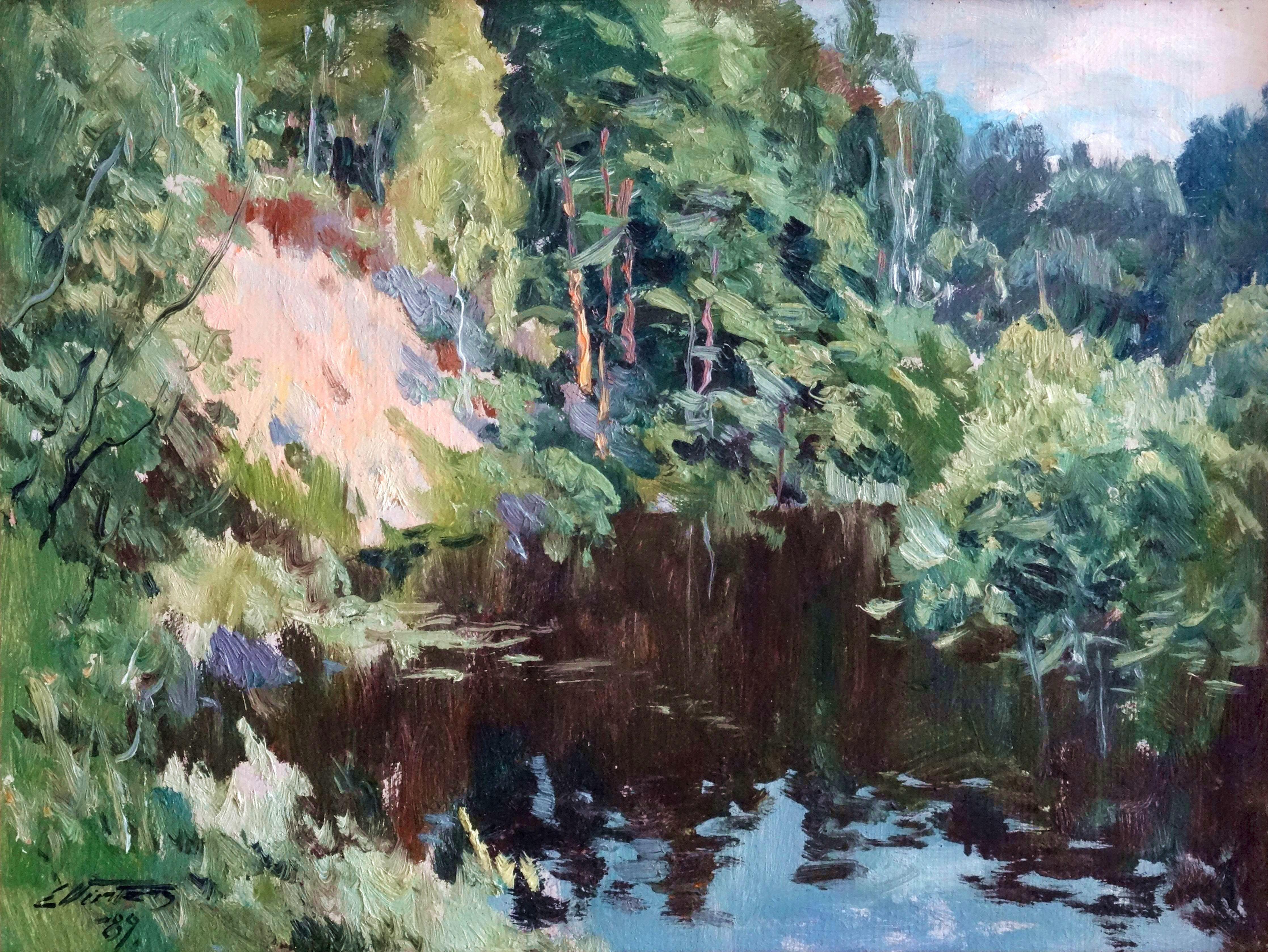 Edgars Vinters Landscape Art – Der Fluss. 1989, Öl auf Karton, 46x60,5 cm