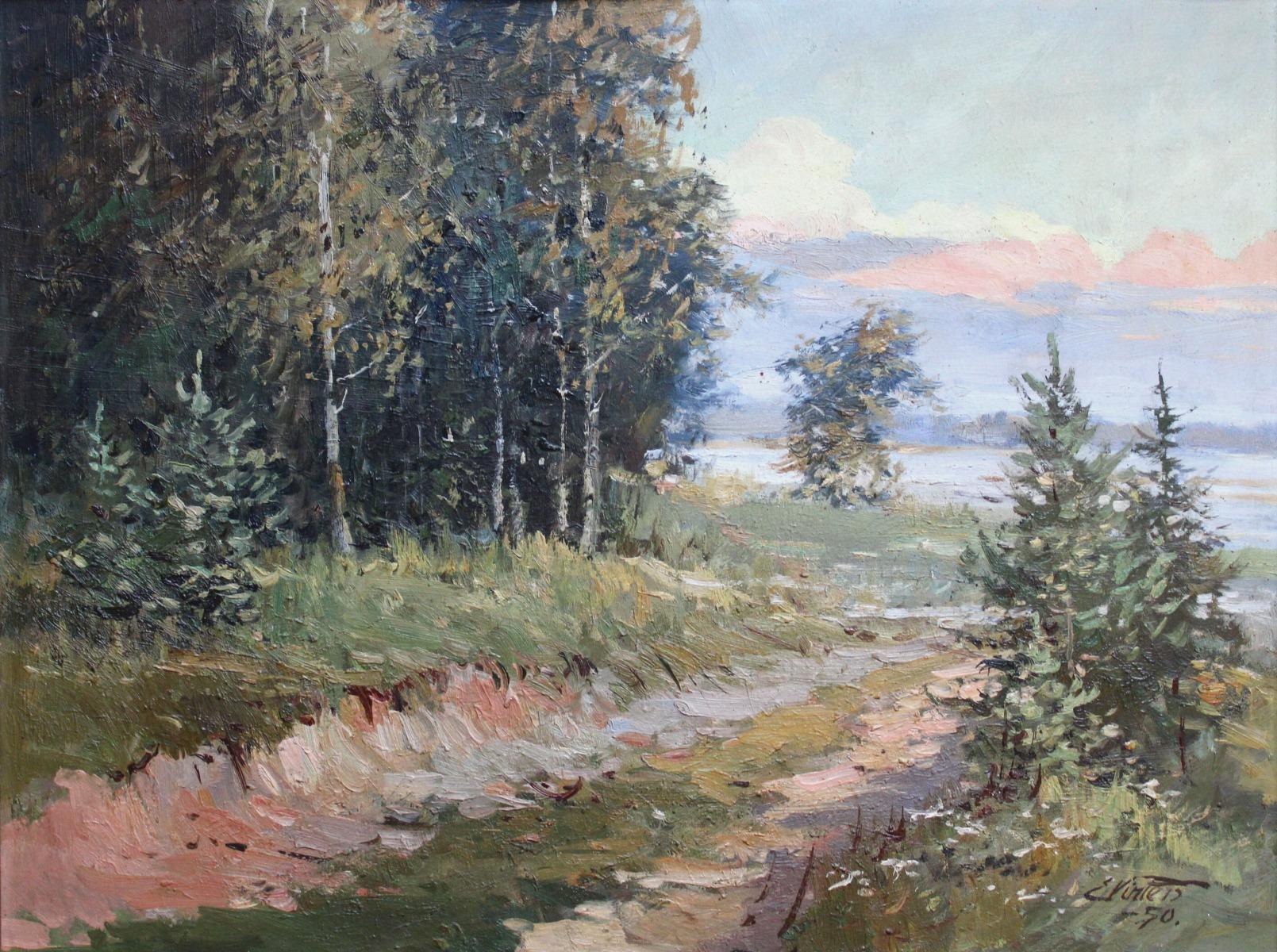 Edgars Vinters Landscape Painting - The road to the lake  1970, cardboard, oil, 46x60 cm