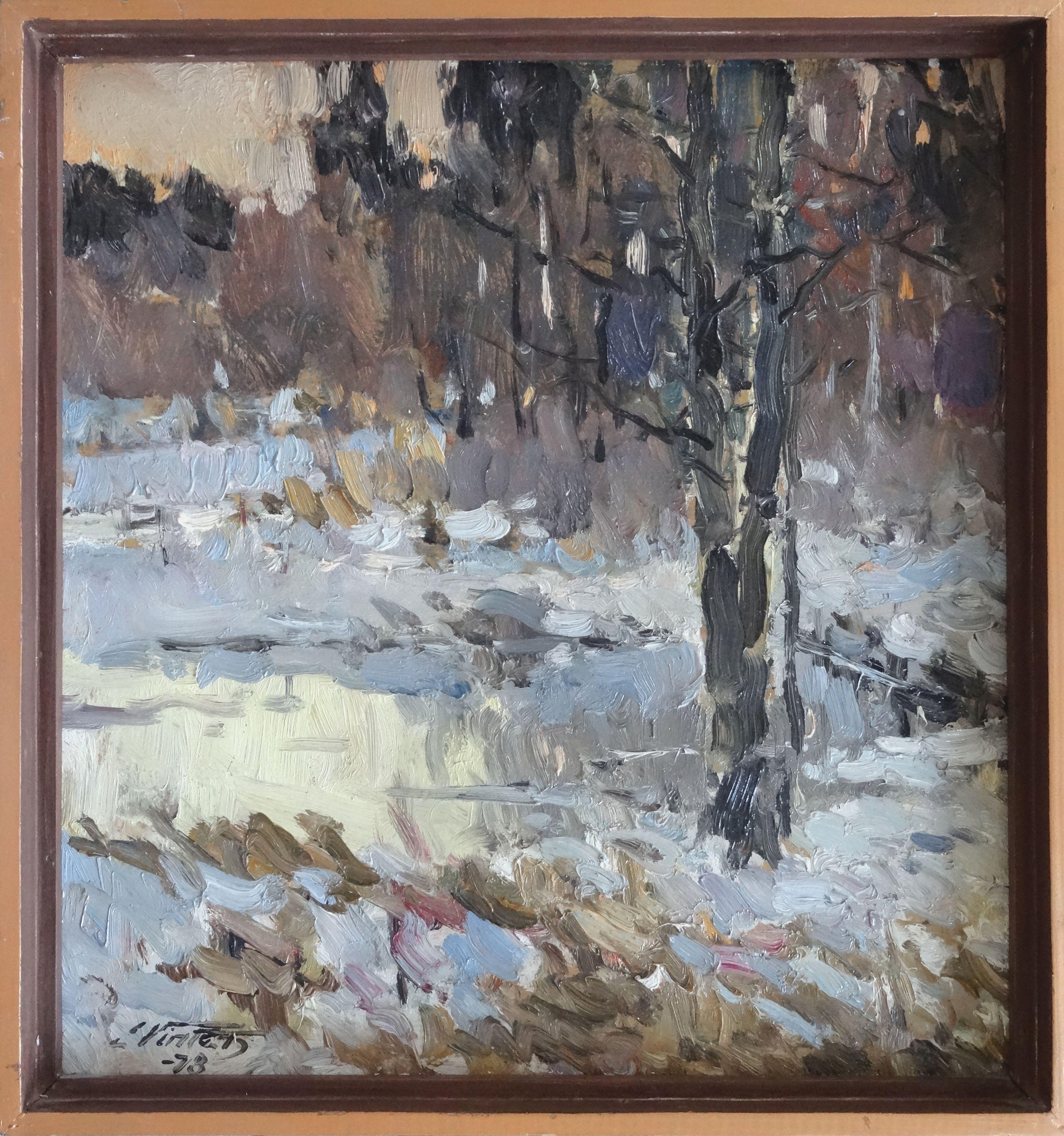 Winter. 1978, oil on cardboard, 48x45 cm - Painting by Edgars Vinters