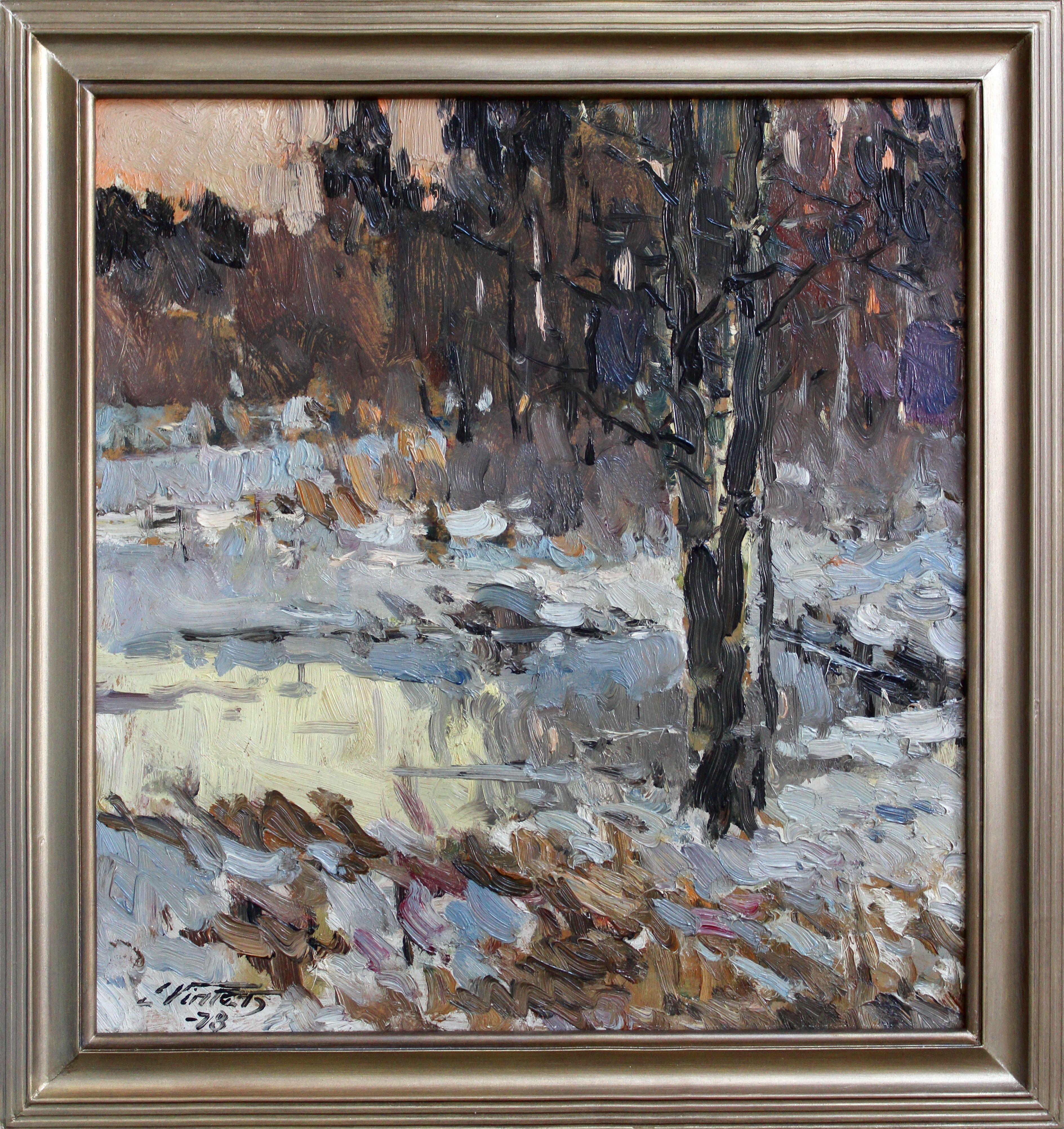 Winter. 1978, huile sur carton, 48x45 cm - Painting de Edgars Vinters