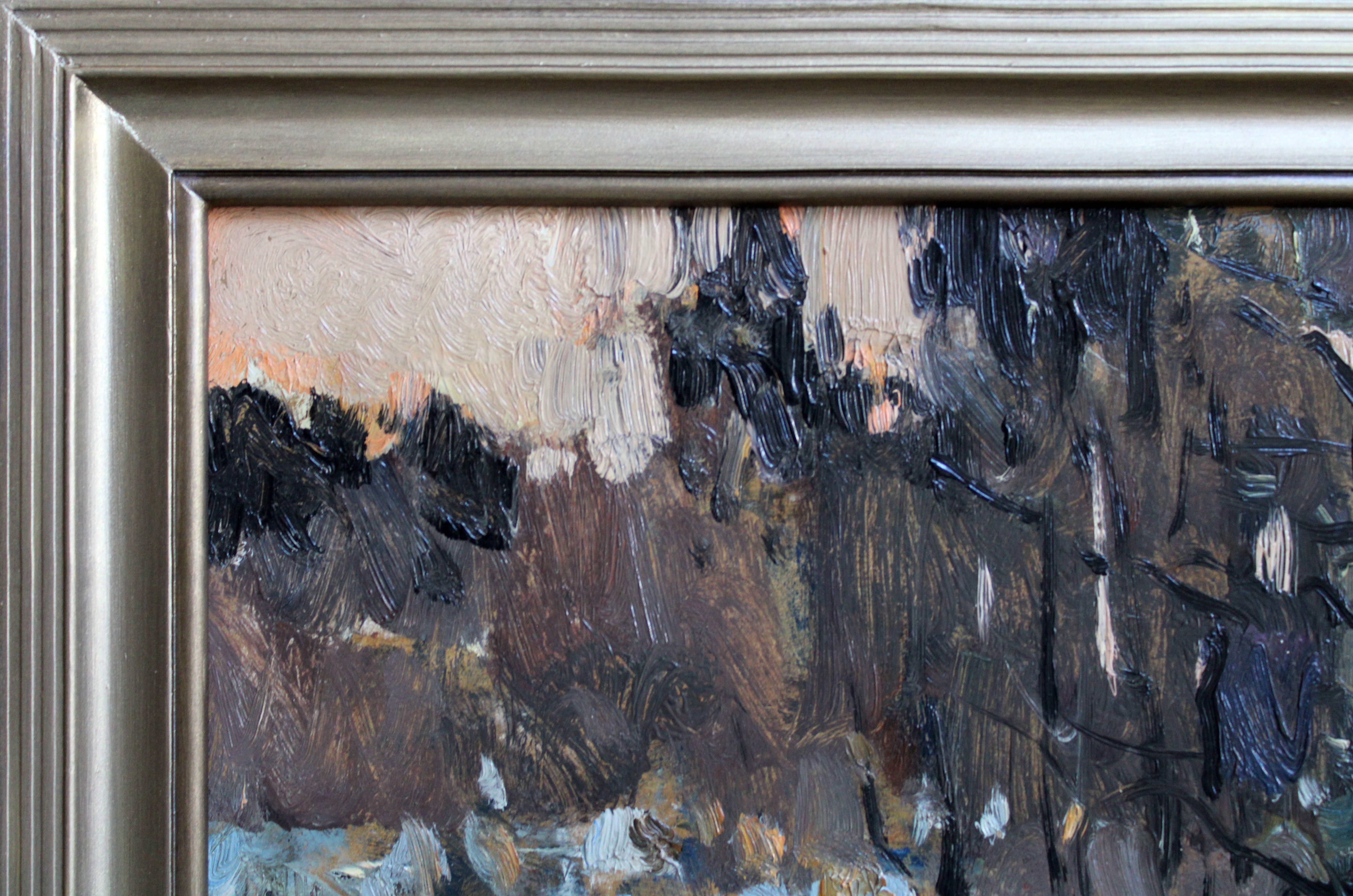 Winter. 1978, huile sur carton, 48x45 cm - Gris Animal Painting par Edgars Vinters