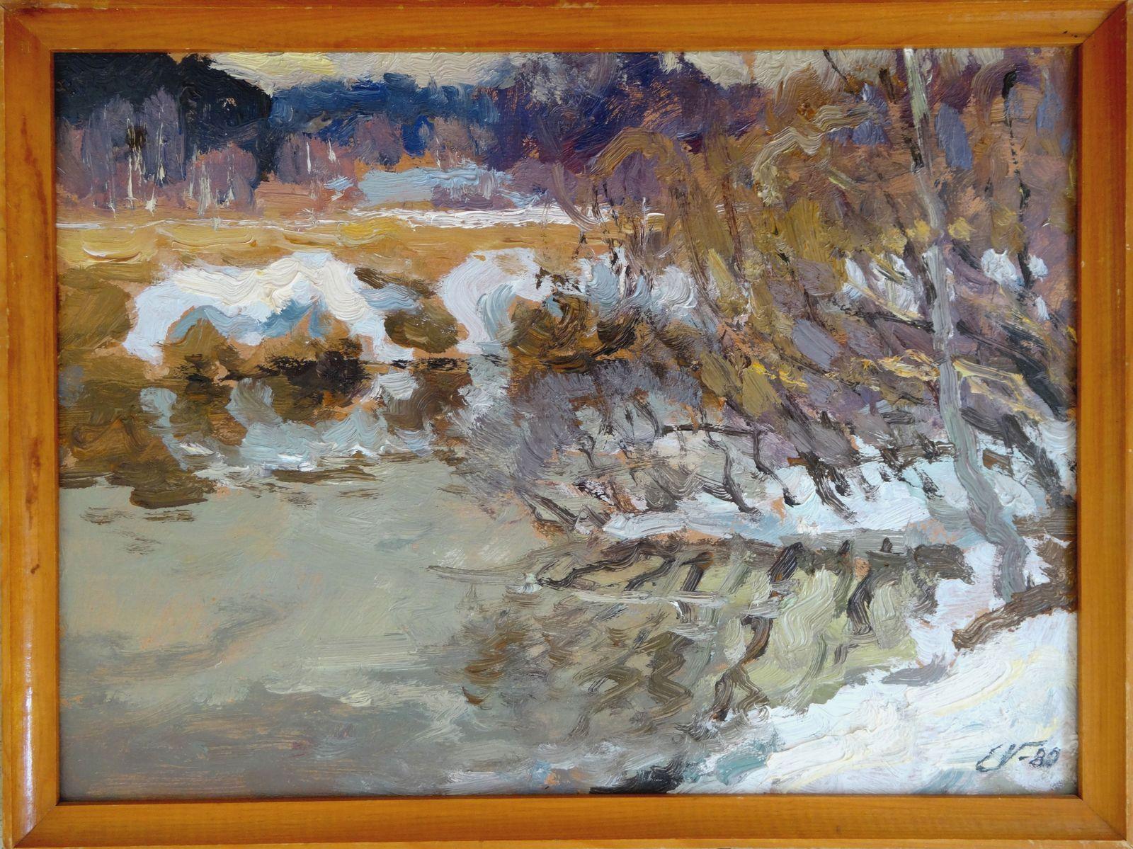 Winterlandschaft. 1980. Öl auf Karton, 24x32,5 cm – Art von Edgars Vinters