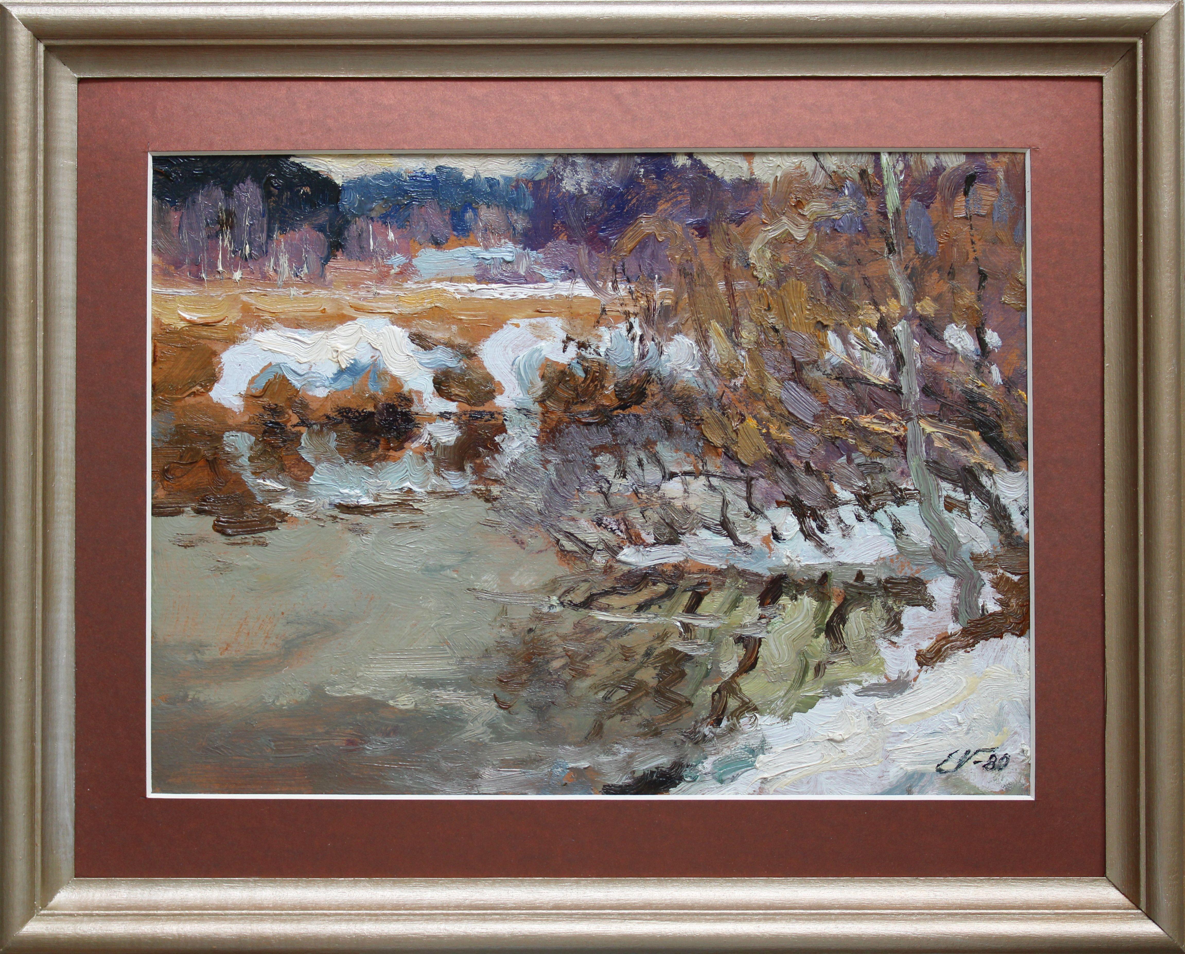 Paysage d'hiver. 1980. Huile sur carton, 24 x 32,5 cm - Art de Edgars Vinters